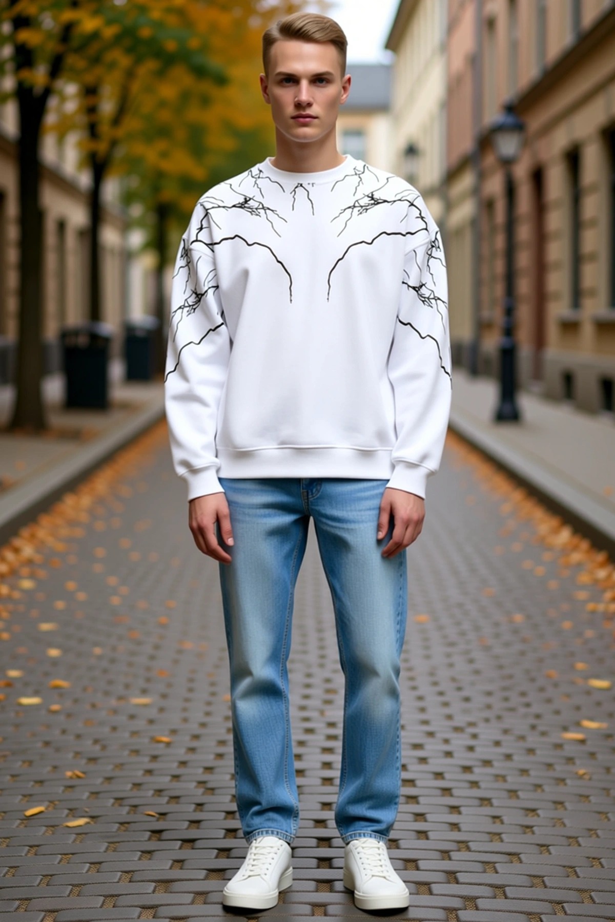 Erkek Bisiklet Yaka Yıldırım Baskılı Uzun Kollu Rahat Kalıp Sweatshirt Ribanalı Manşet Modern Günlük