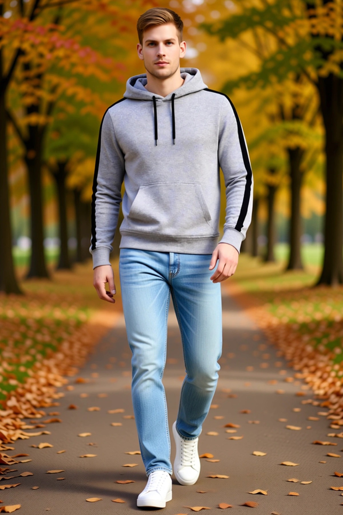 Erkek Şeritli Kapüşonlu Oversize Üç İplik Pamuklu Sweatshirt Kollarda Şerit Detaylı Kanguru Cepli