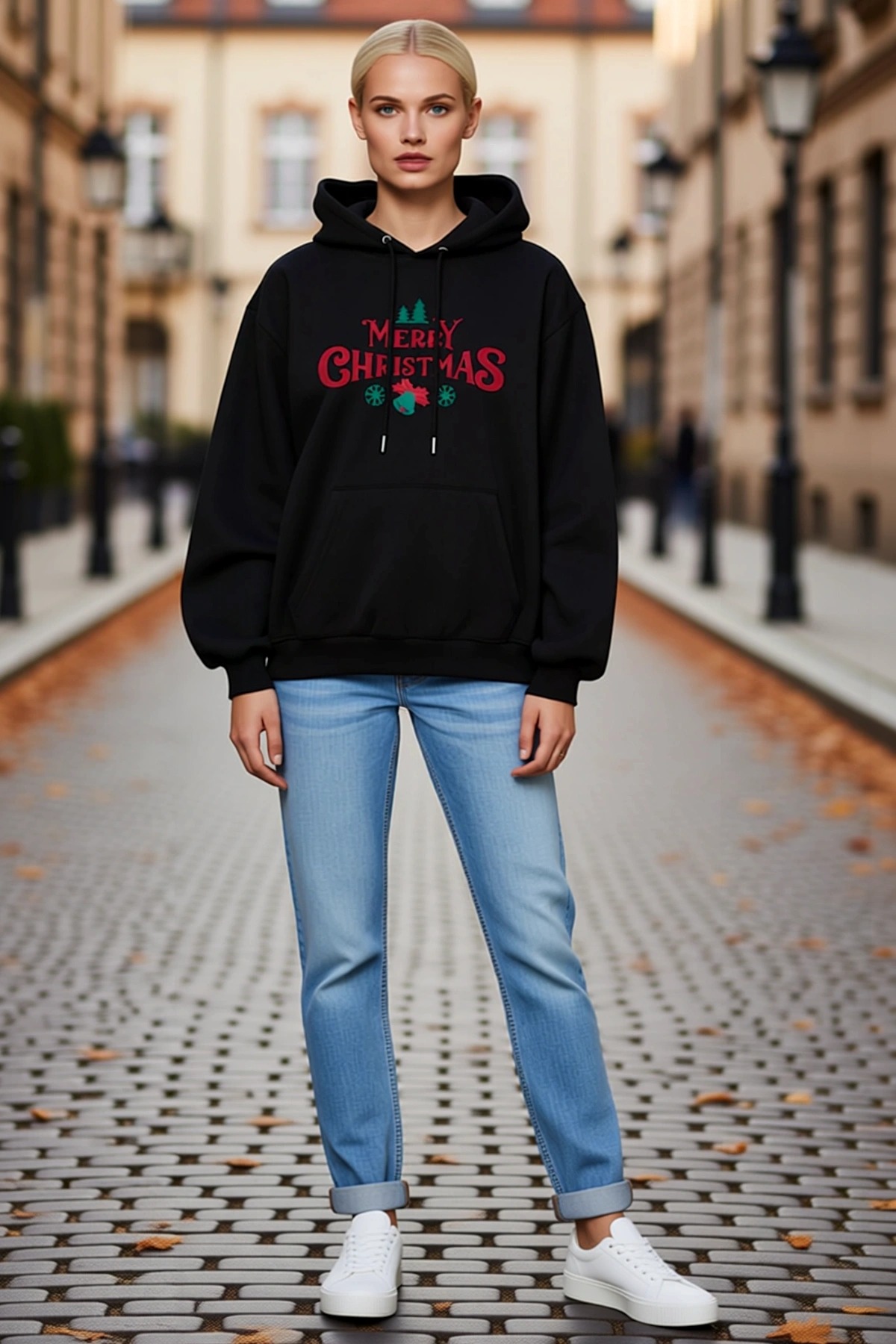 Kadın Yılbaşı Merry Christmas Baskılı Oversize Kapüşonlu Bağcıklı Cepli Sweatshirt Hoodie Konforlu