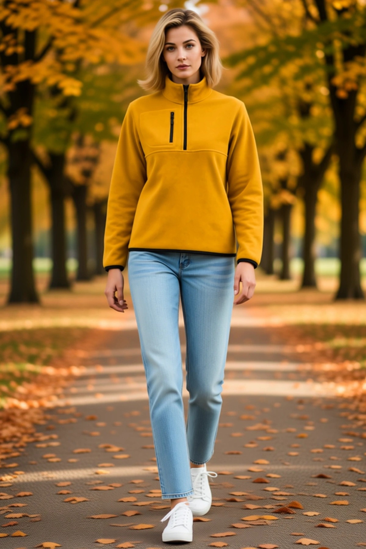 Kadın Polar Dik Yaka Yarım Fermuarlı Göğüs Cepli Regular Fit Kışlık Sweatshirt Rahat Günlük Kesim