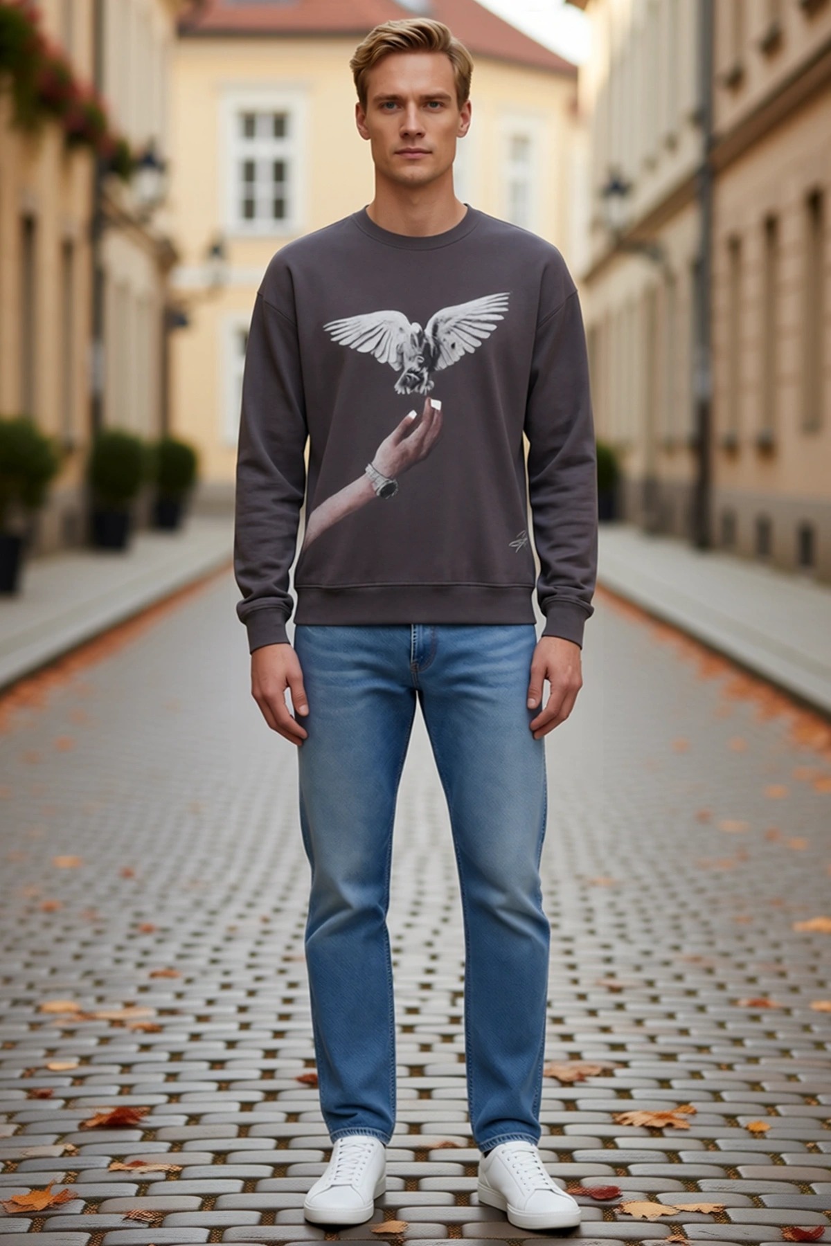 Erkek Oversize Sweatshirt Güvercin El Baskılı Ribana Etekli Bisiklet Yaka Uzun Kollu Sezonluk Günlük