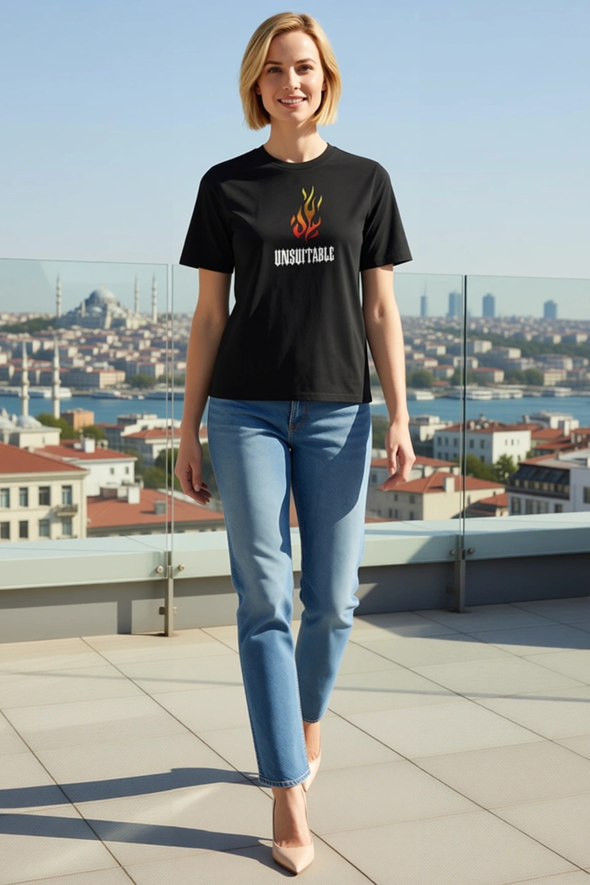 Kadın Bisiklet Yaka Oversize Kısa Kollu Alev Desenli Yazı Baskılı Tişört Düşük Omuz Bol Kalıp Günlük