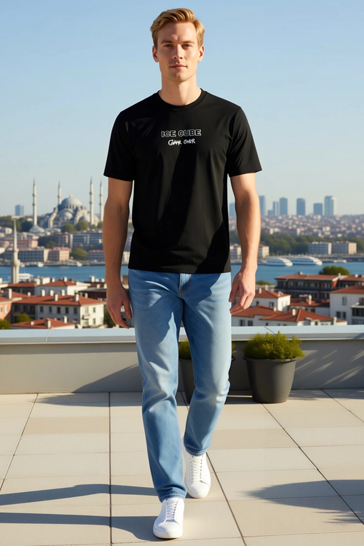 Erkek Bisiklet Yaka Aşırı Oversize Konturlu Harf Baskılı Düşük Omuz Geniş Kollu Günlük Rahat Tişört