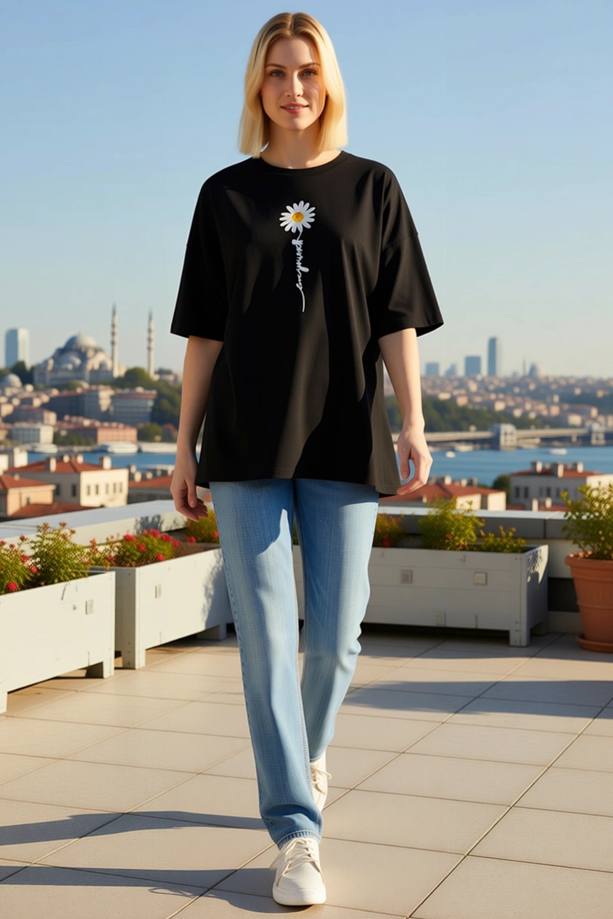 Kadın Bisiklet Yaka Düşük Omuzlu Kısa Kollu Papatya Baskılı Oversize Günlük Rahat Geniş Kesim Tişört
