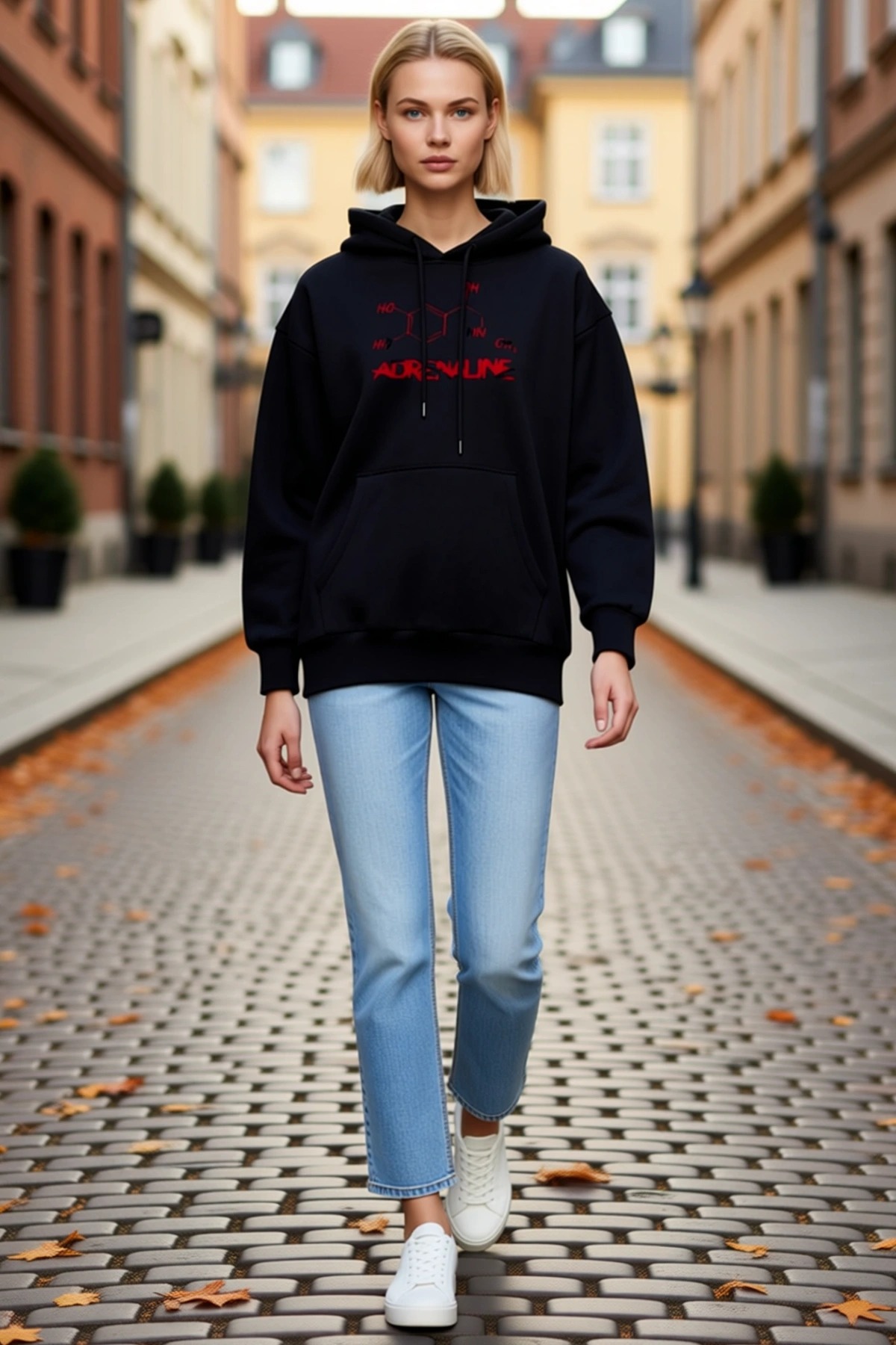 Kadın Kapüşonlu Kışlık Sweatshirt Bağcıklı Moleküler Yazı Baskılı Ribanalı Kanguru Cepli Günlük