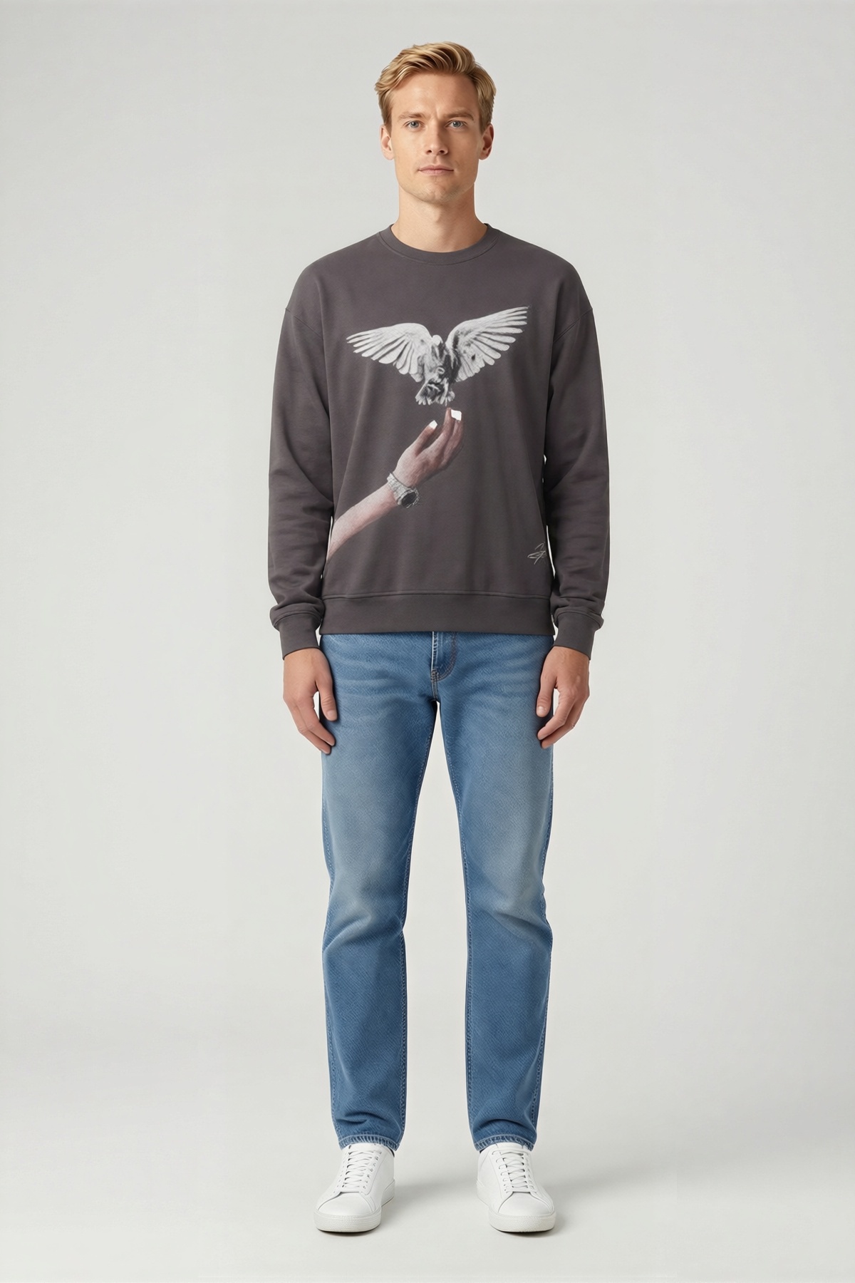 Erkek Oversize Sweatshirt Güvercin El Baskılı Ribana Etekli Bisiklet Yaka Uzun Kollu Sezonluk Günlük