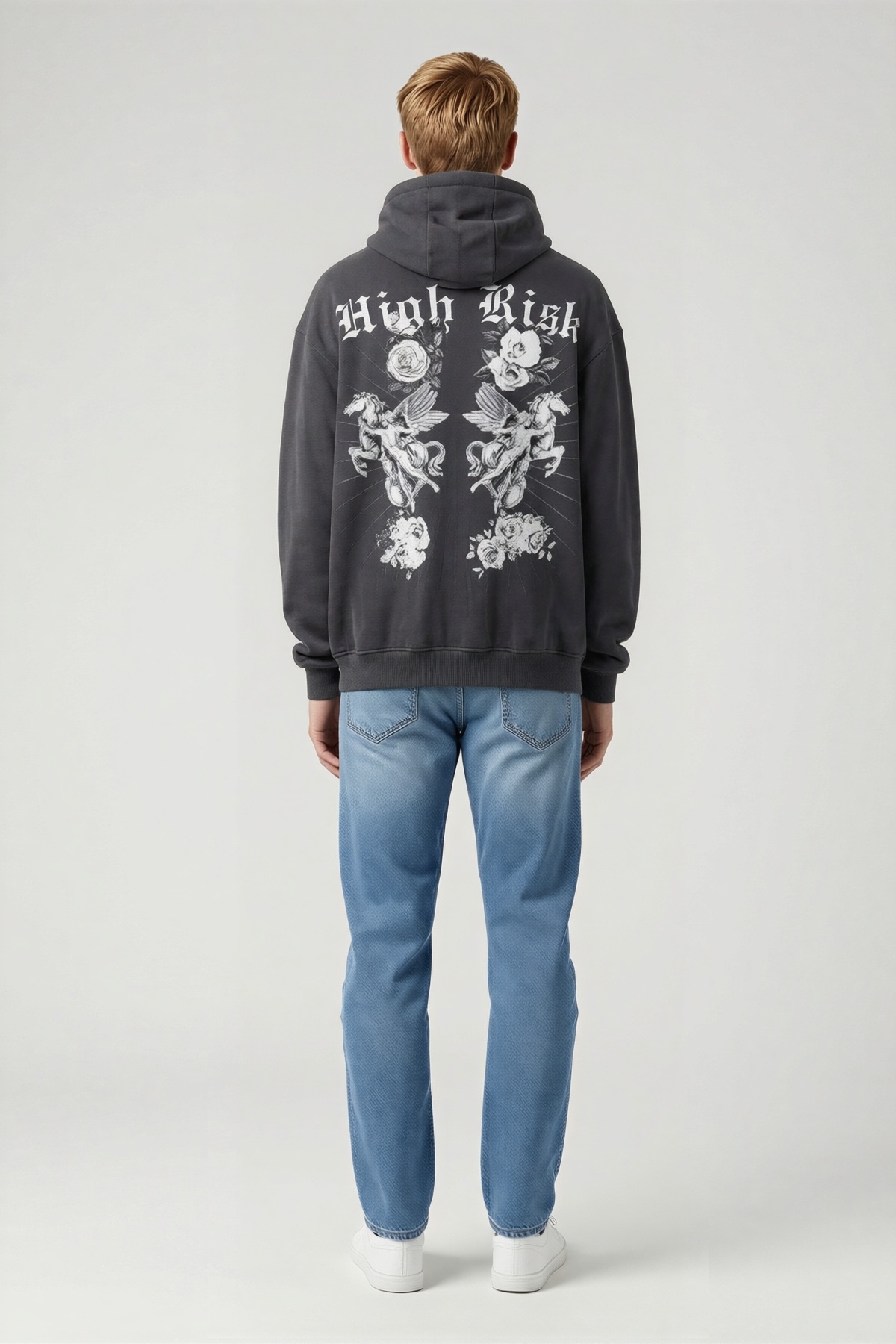 Erkek Gül Figürlü Gotik Yazılı Kapüşonlu Oversize Sweat Kanguru Cepli Kordonlu Kollu Rahat Kesim