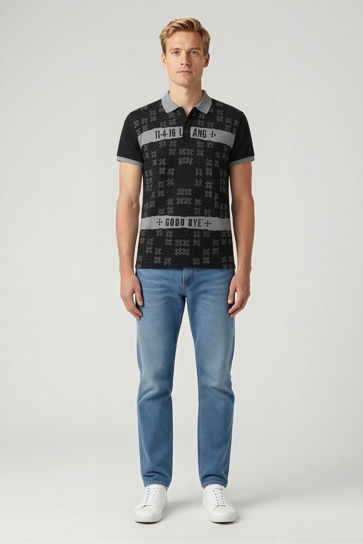 Erkek Polo Yaka Slim Fit Baskılı Kısa Kollu Düğmeli Ribana Kol Manşetli Günlük Rahat Modern Tişört