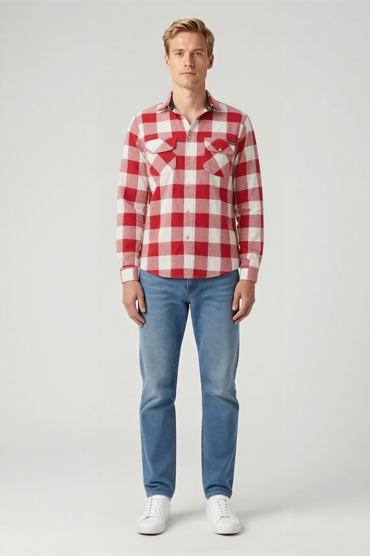 Erkek Oduncu Gömlek Ekose Desenli Çift Kapaklı Cepli Çıtçıtlı Uzun Kollu Günlük Rahat Modern Kesim