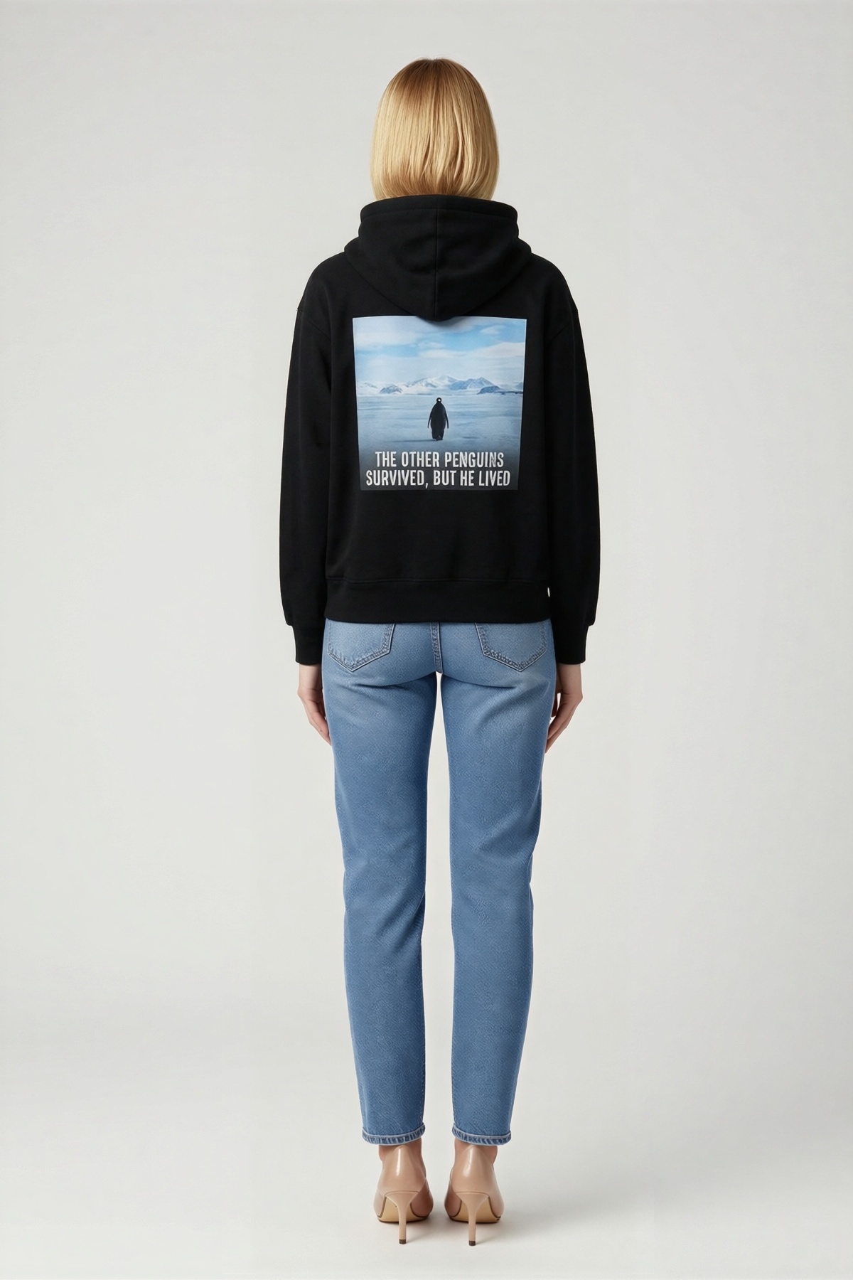 Oversize Hoodie Fotoğraf Baskılı Penguen Temalı Felsefi Yazılı Kapüşonlu Sweatshirt Rahat Kalıp