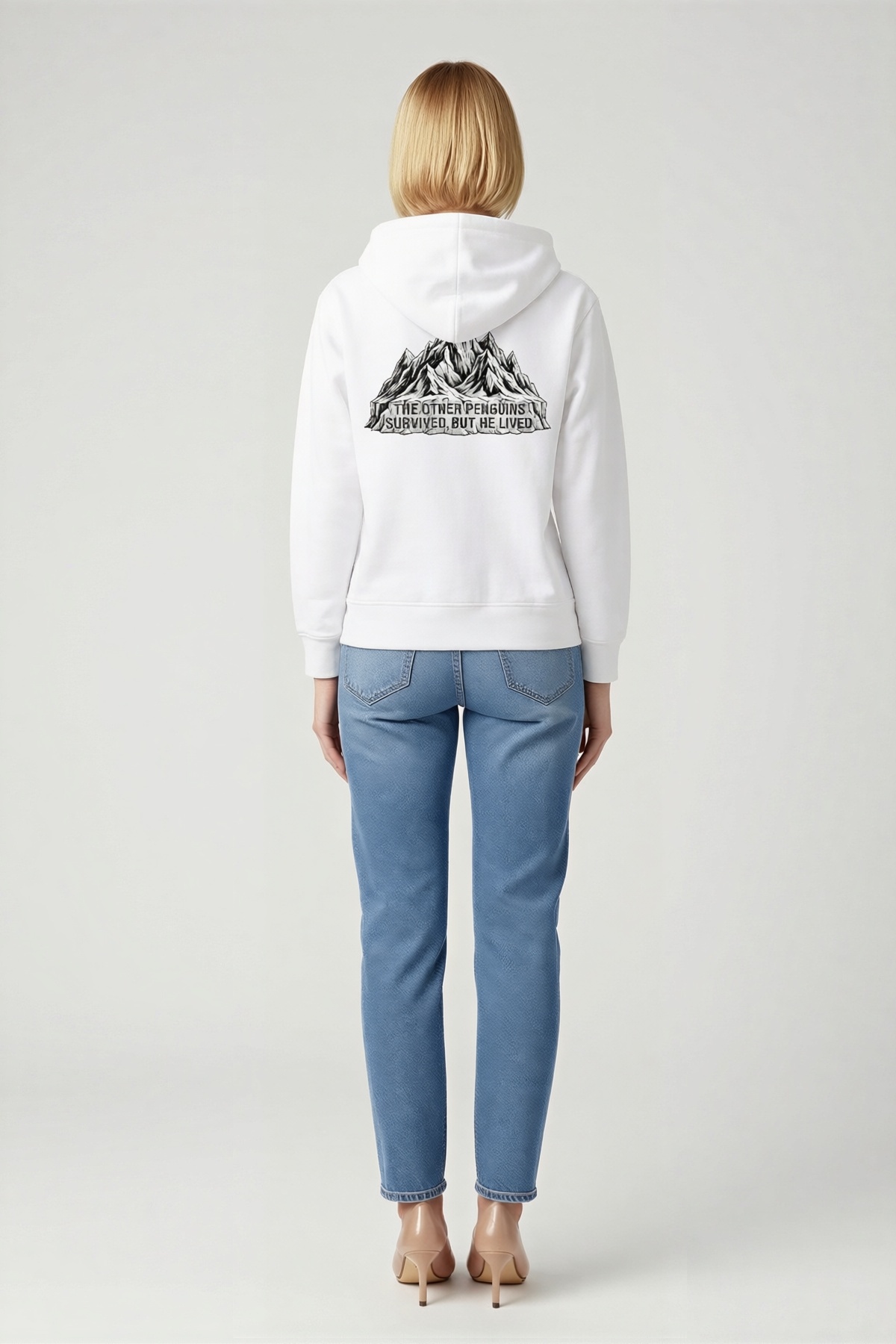 Kadın Nihilist Penguen Temalı Oversize Kapüşonlu Sweatshirt Sırt Dağ Baskılı Felsefi Yazılı Rahat