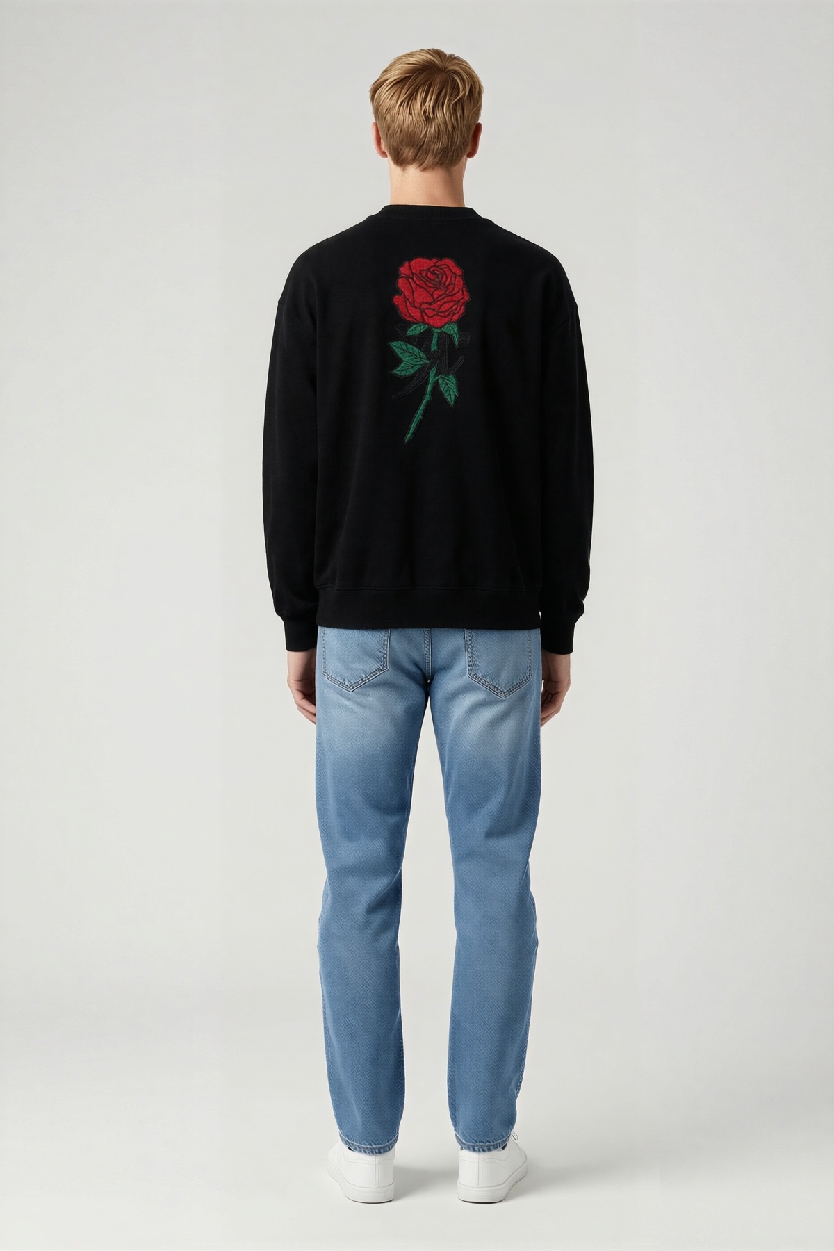 Erkek Bisiklet Yaka Ön Ve Arka Baskılı Oversize Kalıp Sweatshirt Düşük Omuzlu Uzun Kollu Rahat Kesim