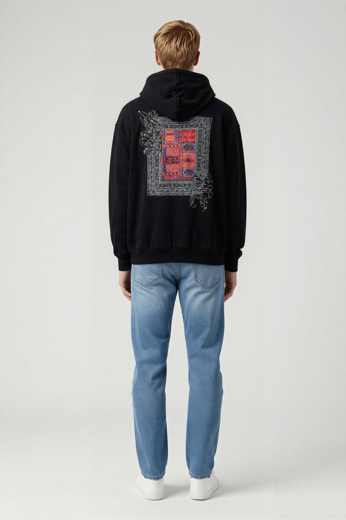 Erkek Uzun Kol Kapşonlu Ön Arka Baskı Detaylı Sweatshirt Geniş Kanguru Cep Bağcıklı Günlük Kesim