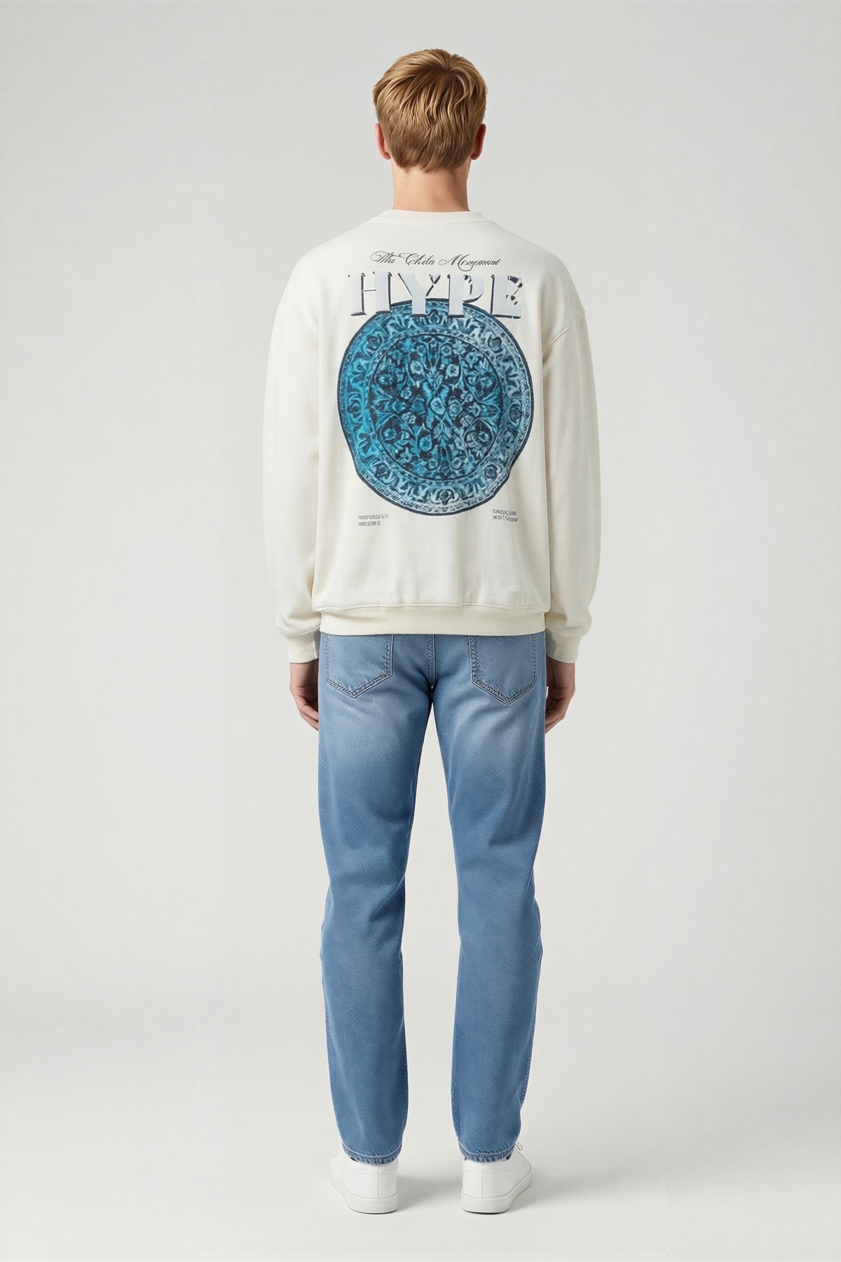 Erkek Üç İplik Bisiklet Yaka Baskılı Sweatshirt Önü Yazılı Düşük Omuz Geniş Kalıp Uzun Kollu Rahat