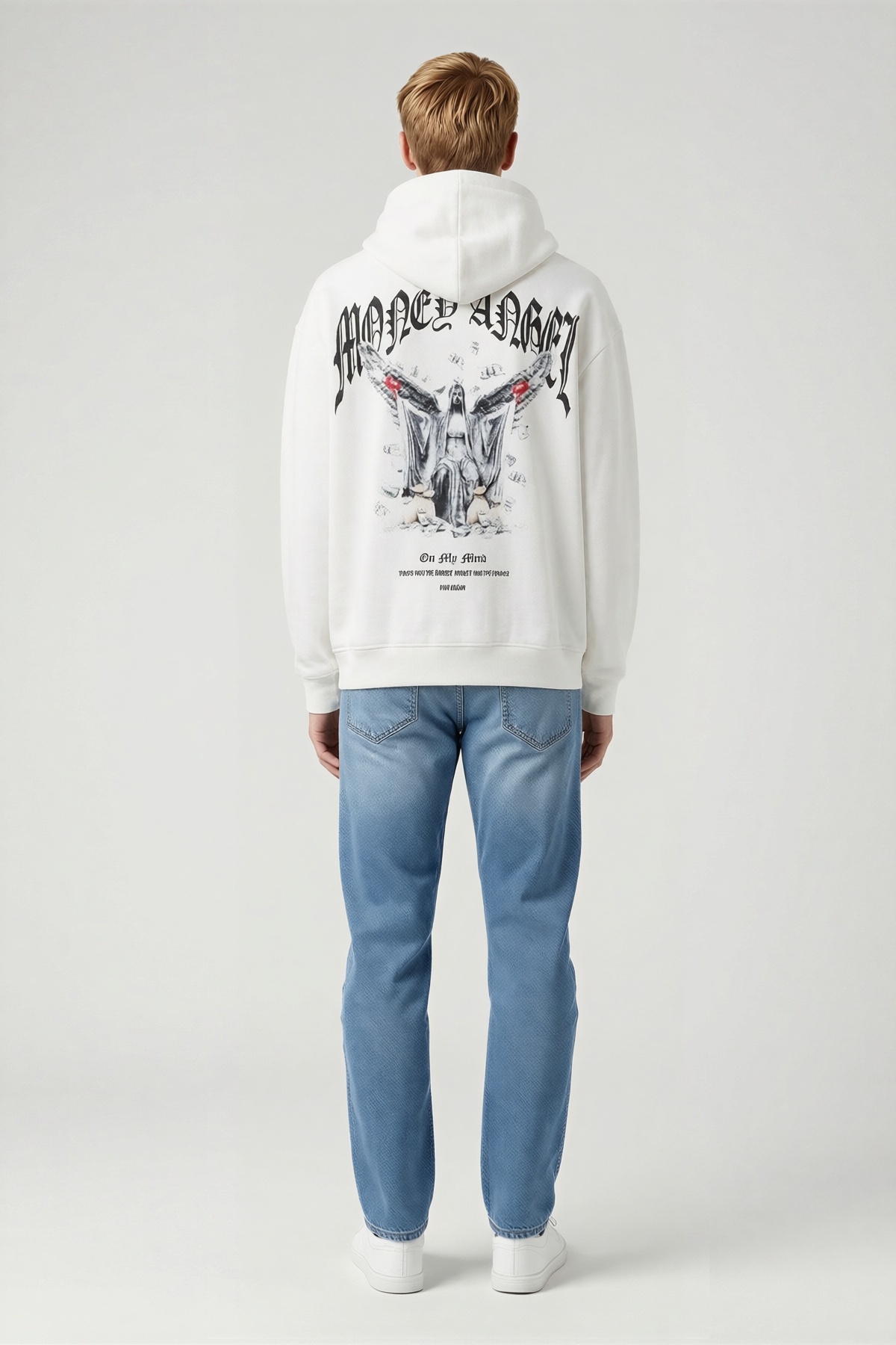 Erkek Kordon İpli Kapüşonlu Sweatshirt Gotik Yazı Baskılı Kanguru Cepli Bol Kesim Günlük Konforlu