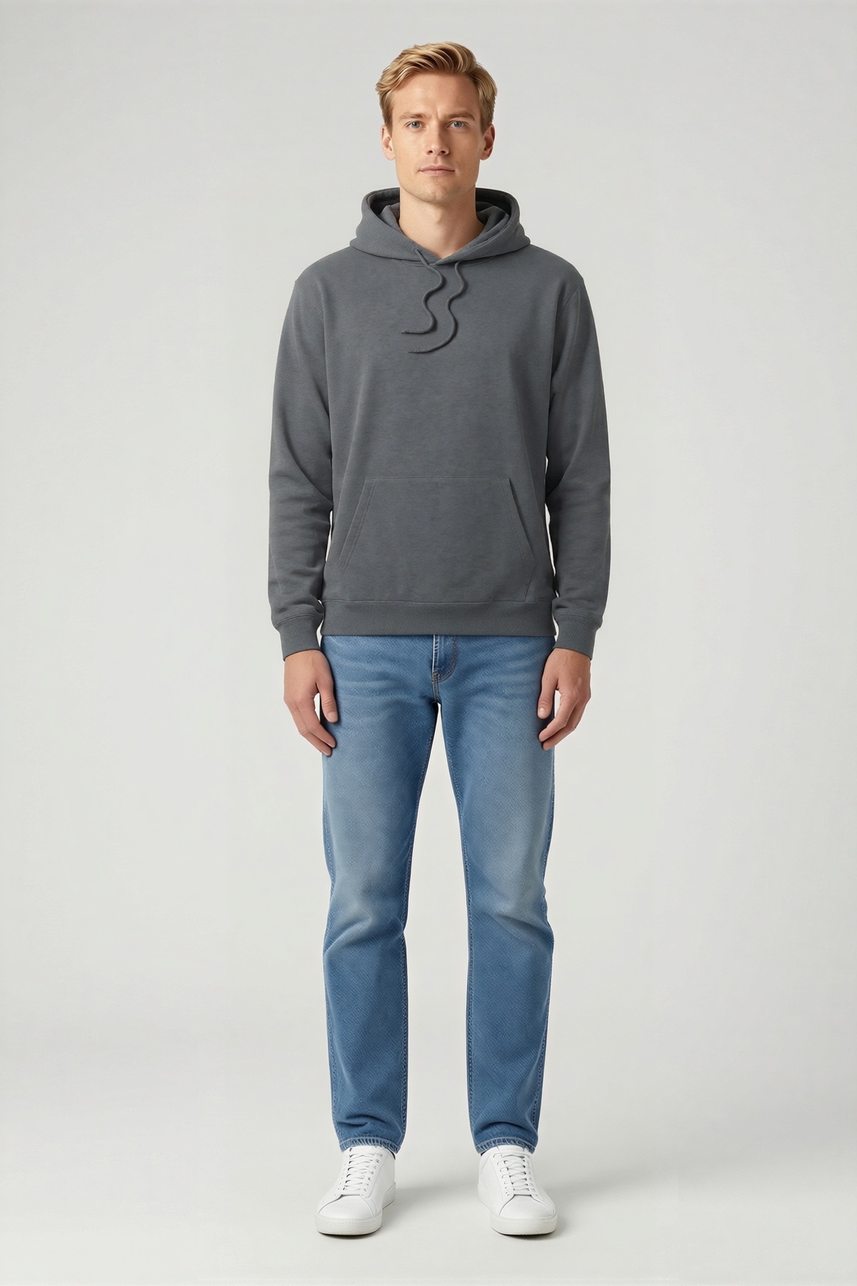 Erkek Kapüşonlu Sweatshirt Düz Kesim Düşük Omuz Ribanalı Etek Ucu Geniş Kapüşon Günlük Rahat Model