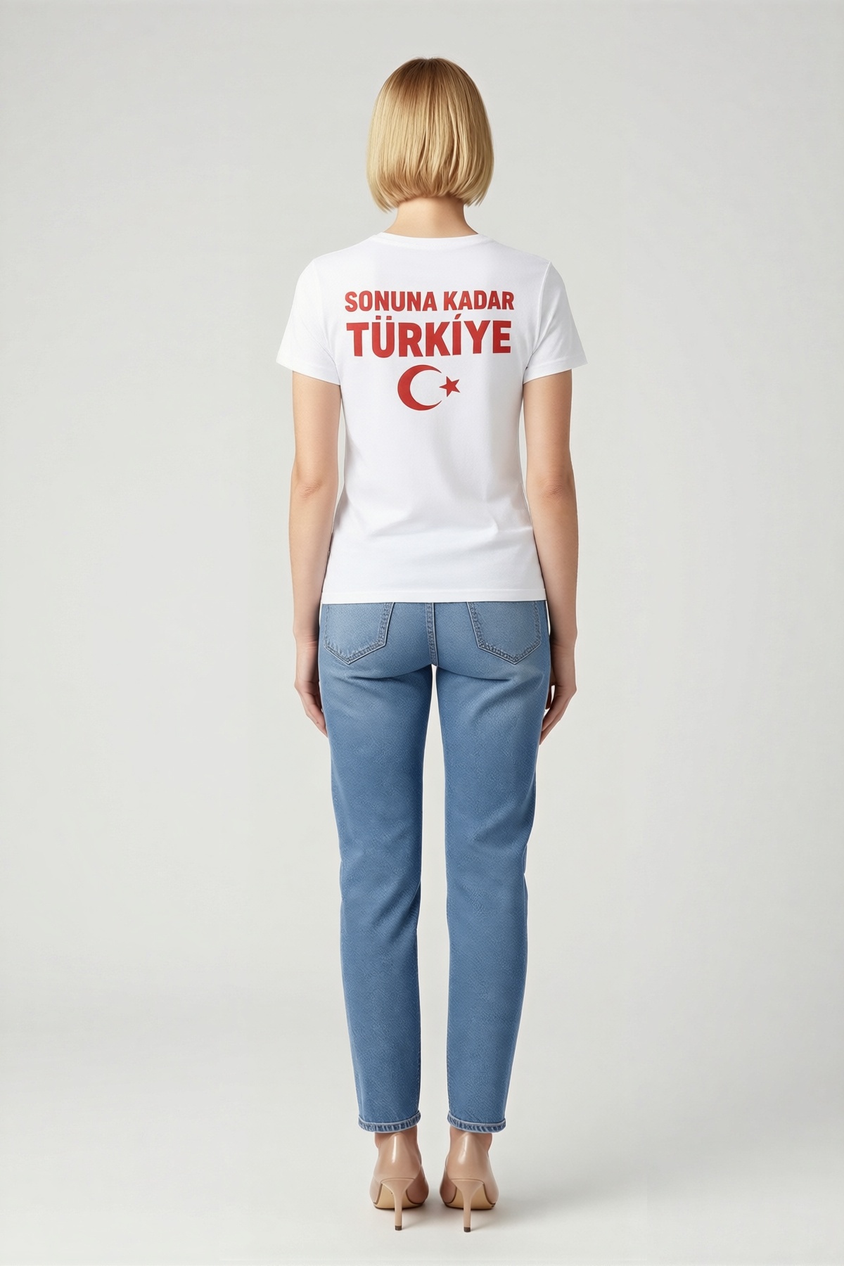 Kadın Sırt Baskılı Sonuna Kadar Türkiye Yazılı Ay Yıldız Taraftar Tişört Bisiklet Yaka Kısa Kollu