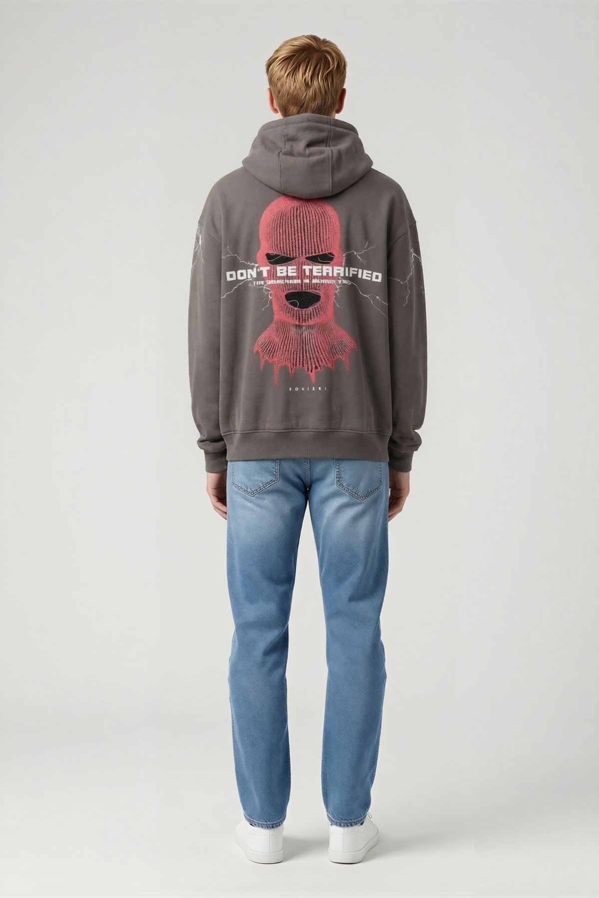 Erkek Oversize Maske Baskılı Kapüşonlu Sweatshirt Sırt Detaylı Uzun Kollu Bol Kesim Günlük Rahat