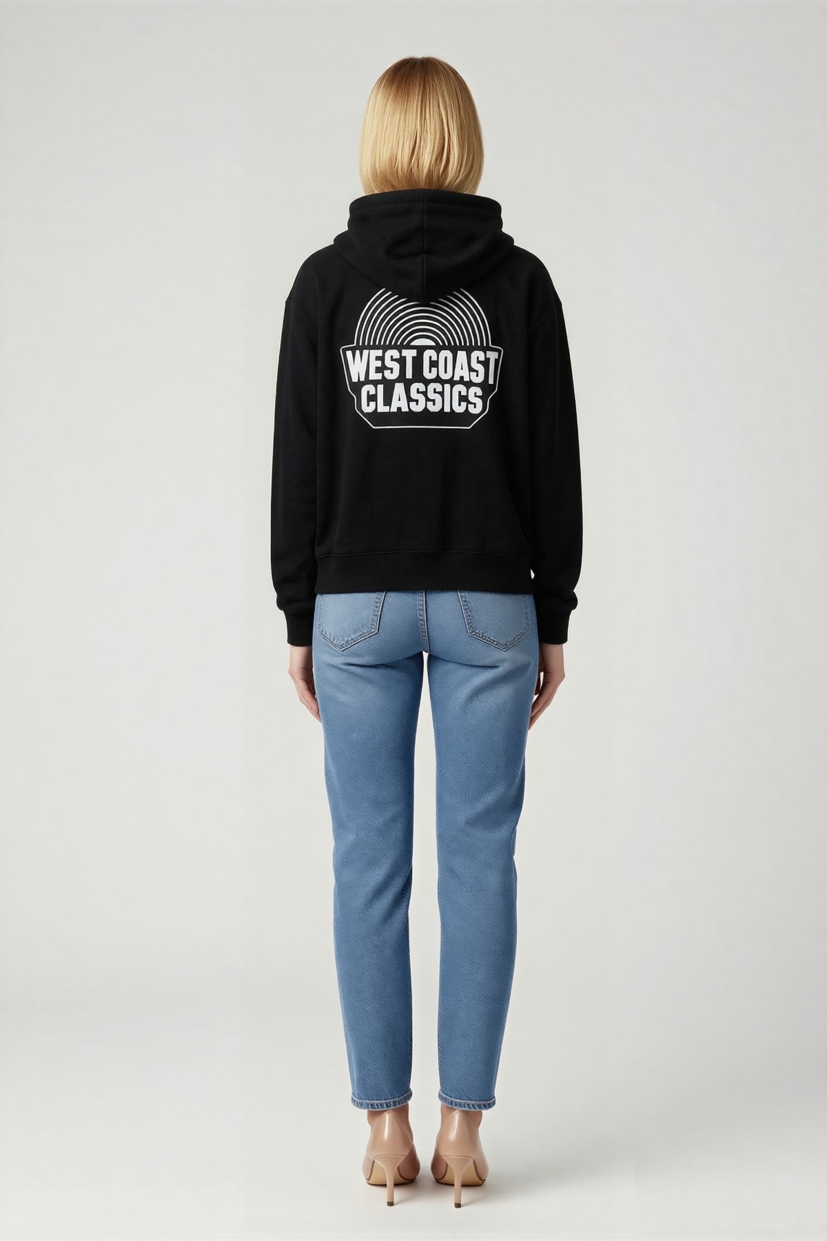 Kadın Üç İplik Kapüşonlu Sweatshirt Hoodie Önü Yarım Daire Yazı Baskılı Kanguru Cepli Bol Kesim