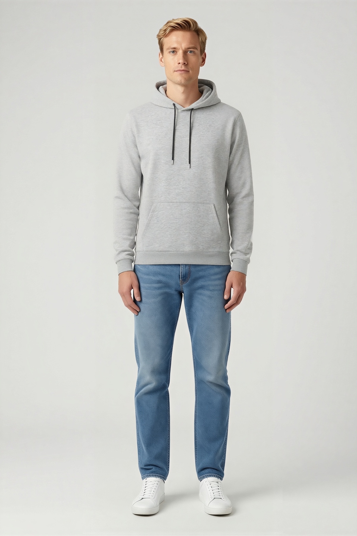 Erkek Kapşonlu Sweatshirt Hoodie Melanj Dokulu Uzun Kol Kanguru Cepli Bağcıklı Ribana Manşetli Rahat