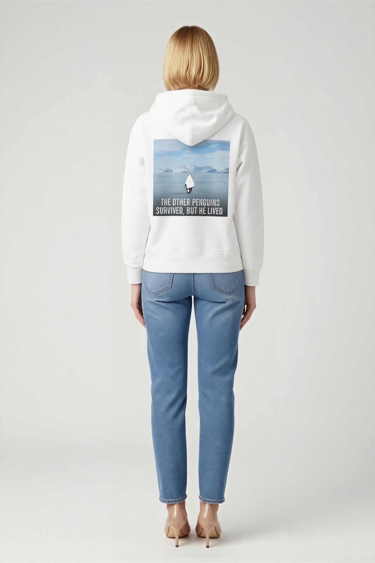 Oversize Hoodie Penguen Temalı Sırt Baskılı Felsefi Yazılı Kapüşonlu Sweatshirt Kanguru Cepli
