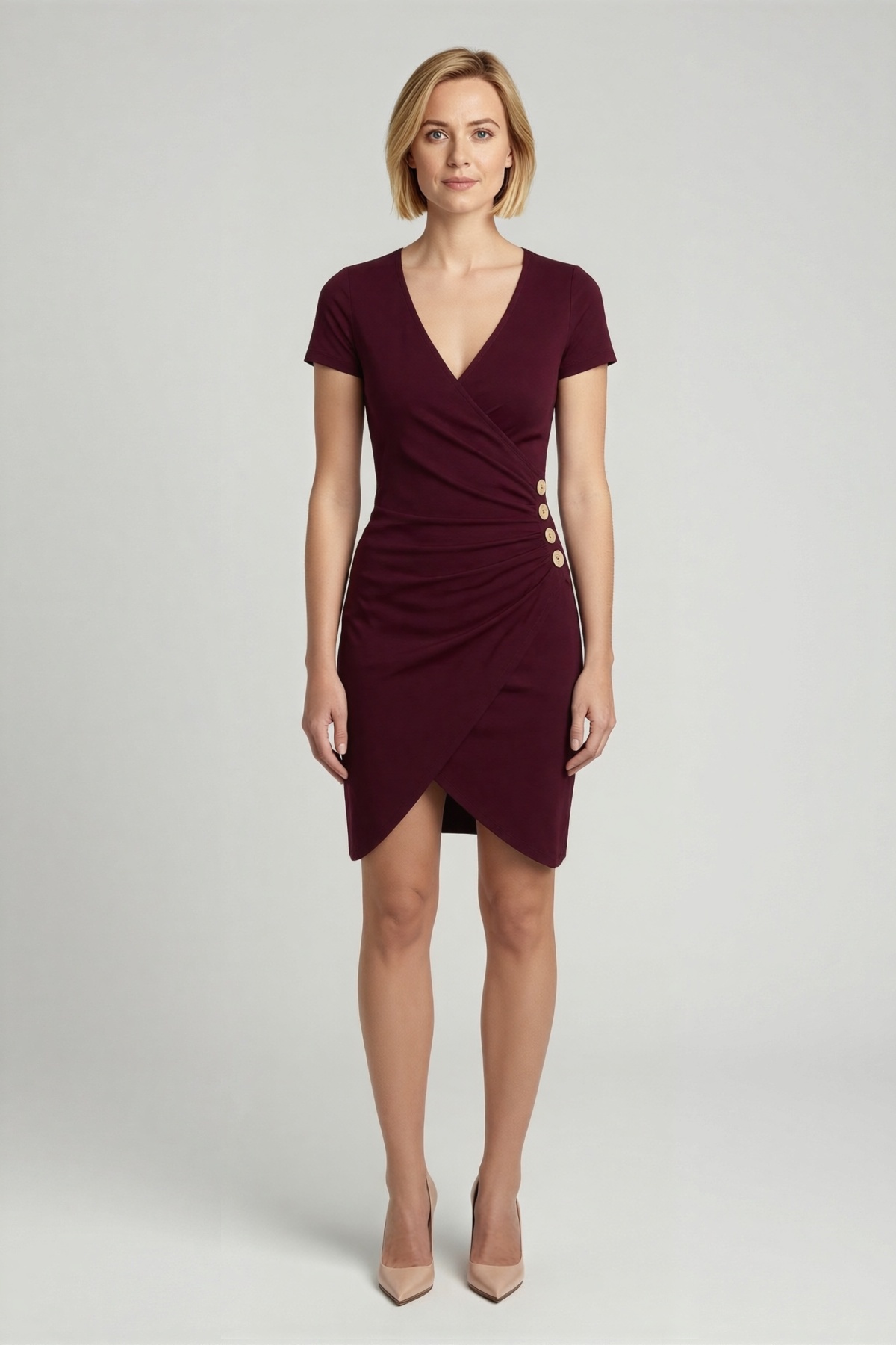 Kadın Volan Kollu Kruvaze Yakalı Yandan Düğmeli Büzgülü Asimetrik Etek Ucu Vücuda Oturan Kısa Elbise