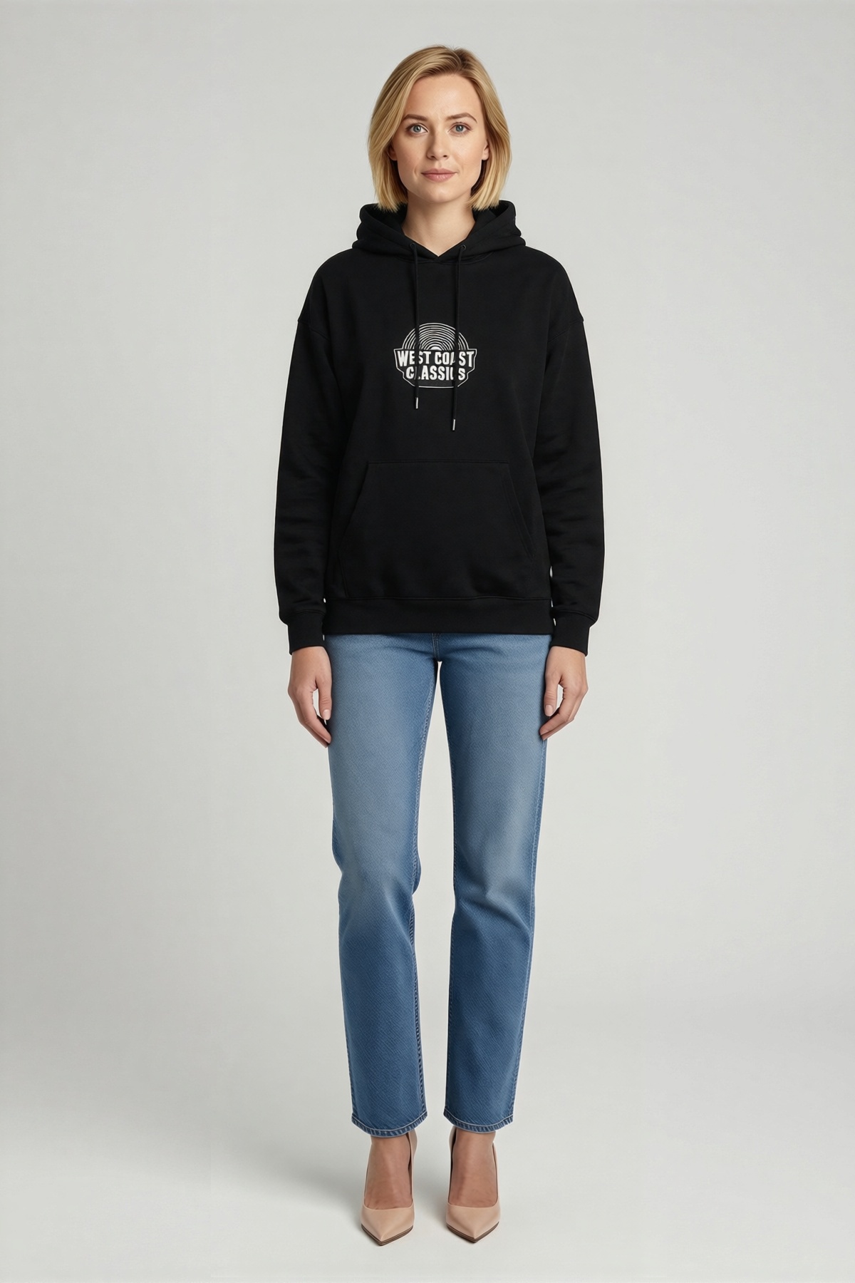 Kadın Kapşonlu Üç İplik Oversize Sweatshirt Göğüs Baskılı Kanguru Cepli Düşük Omuz Rahat Günlük