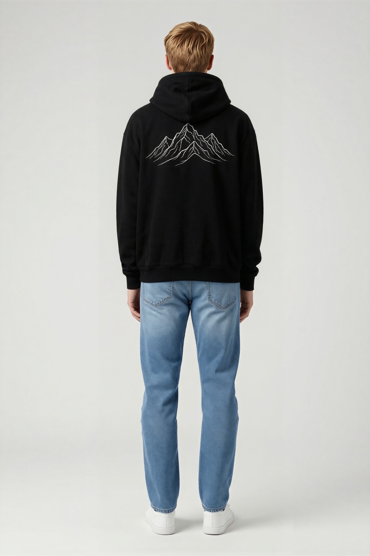 Erkek Sırt Baskılı Dağ Silüeti Desenli Kapüşonlu Sweatshirt Oversize Kalıp Rahat Günlük Kullanım