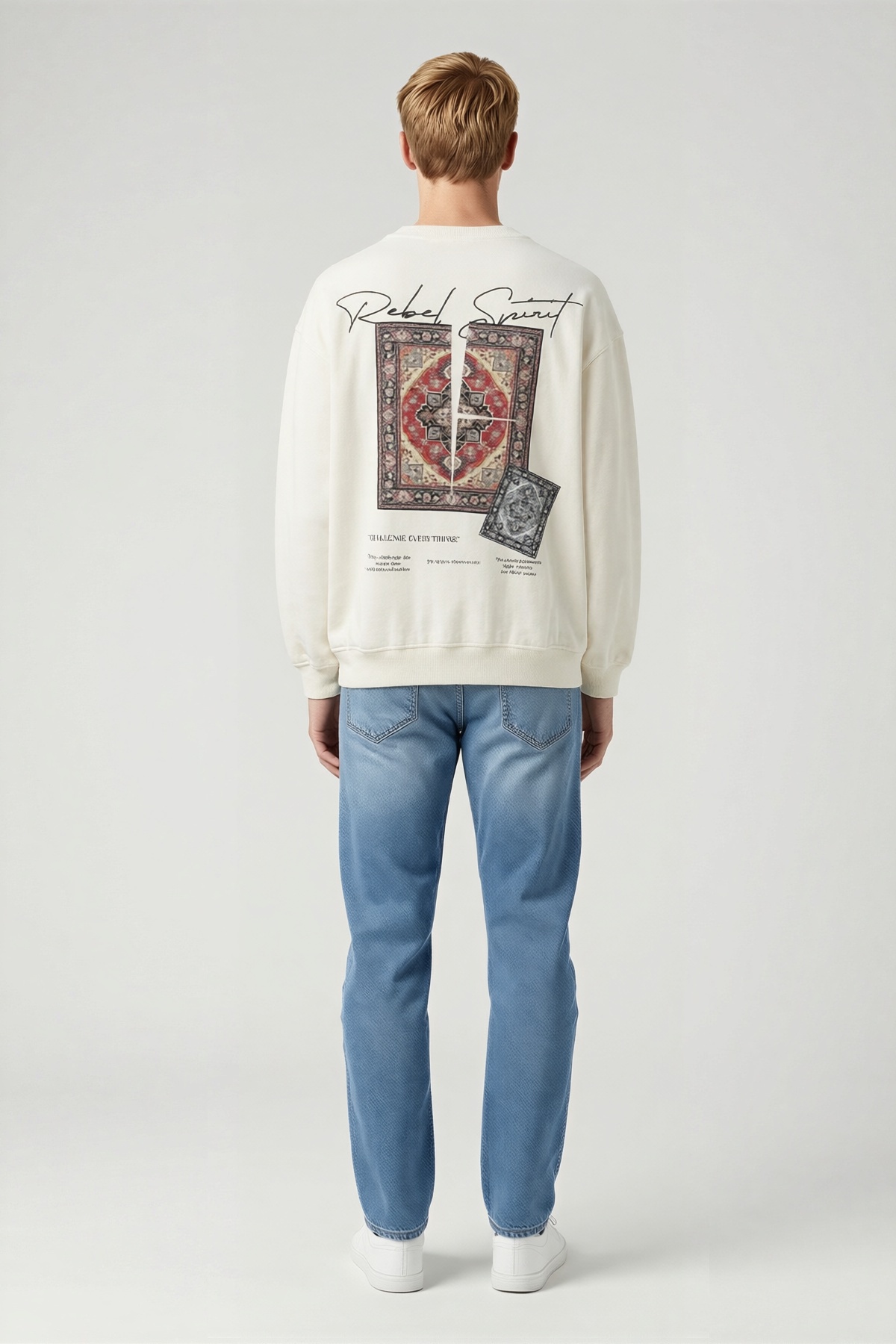 Erkek Bisiklet Yaka Nostaljik Halı Desenli Baskılı Bol Kalıp Sweatshirt Ribanalı Etek Ucu Konforlu