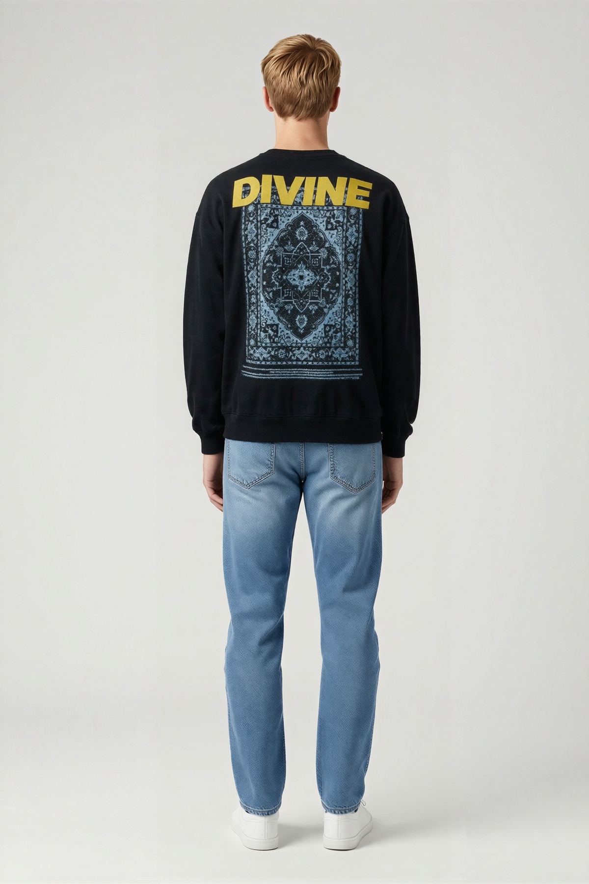 Erkek Kışlık Bisiklet Yaka Sweatshirt Sırt Baskılı Halı Motifli Büyük Harf Yazılı Oversize Günlük
