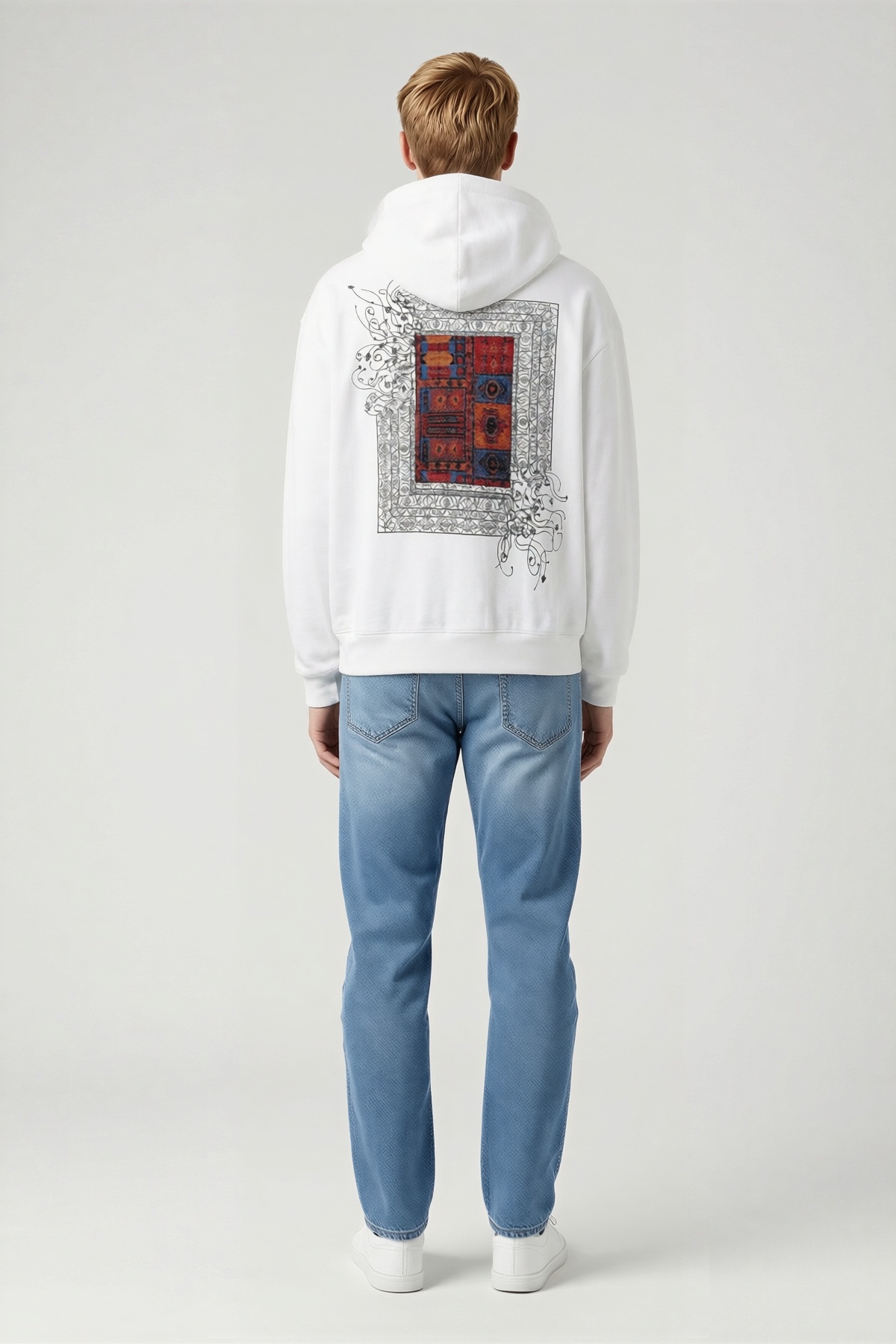 Erkek Uzun Kollu Kapşonlu Ön Ve Arka Baskılı Sweatshirt Kanguru Cepli Bağcıklı Rib Manşetli Rahat