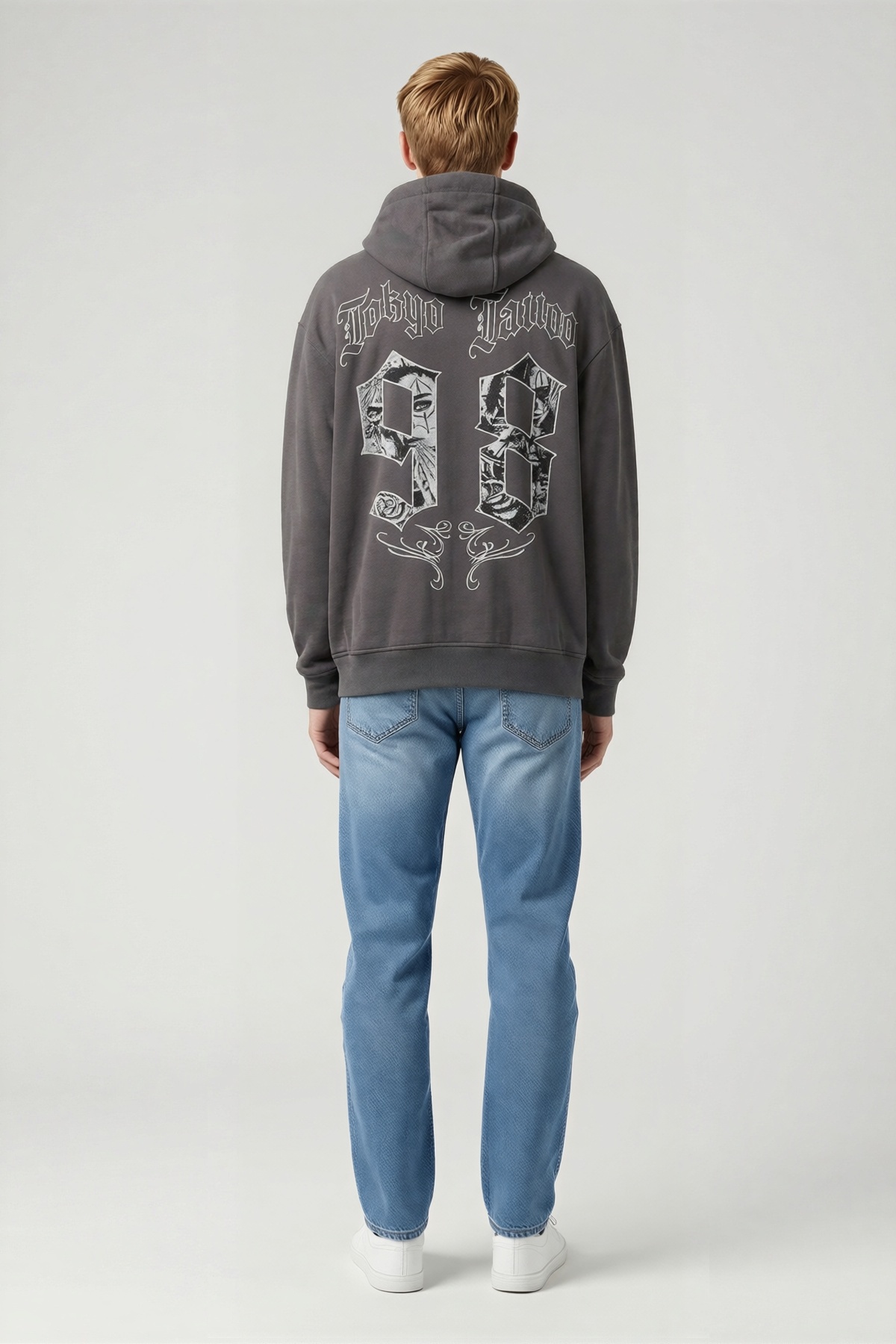 Erkek Oversize Kapüşonlu Sweatshirt Dövme Desenli Sırt Baskılı Uzun Kollu Bol Kalıp Günlük Rahat
