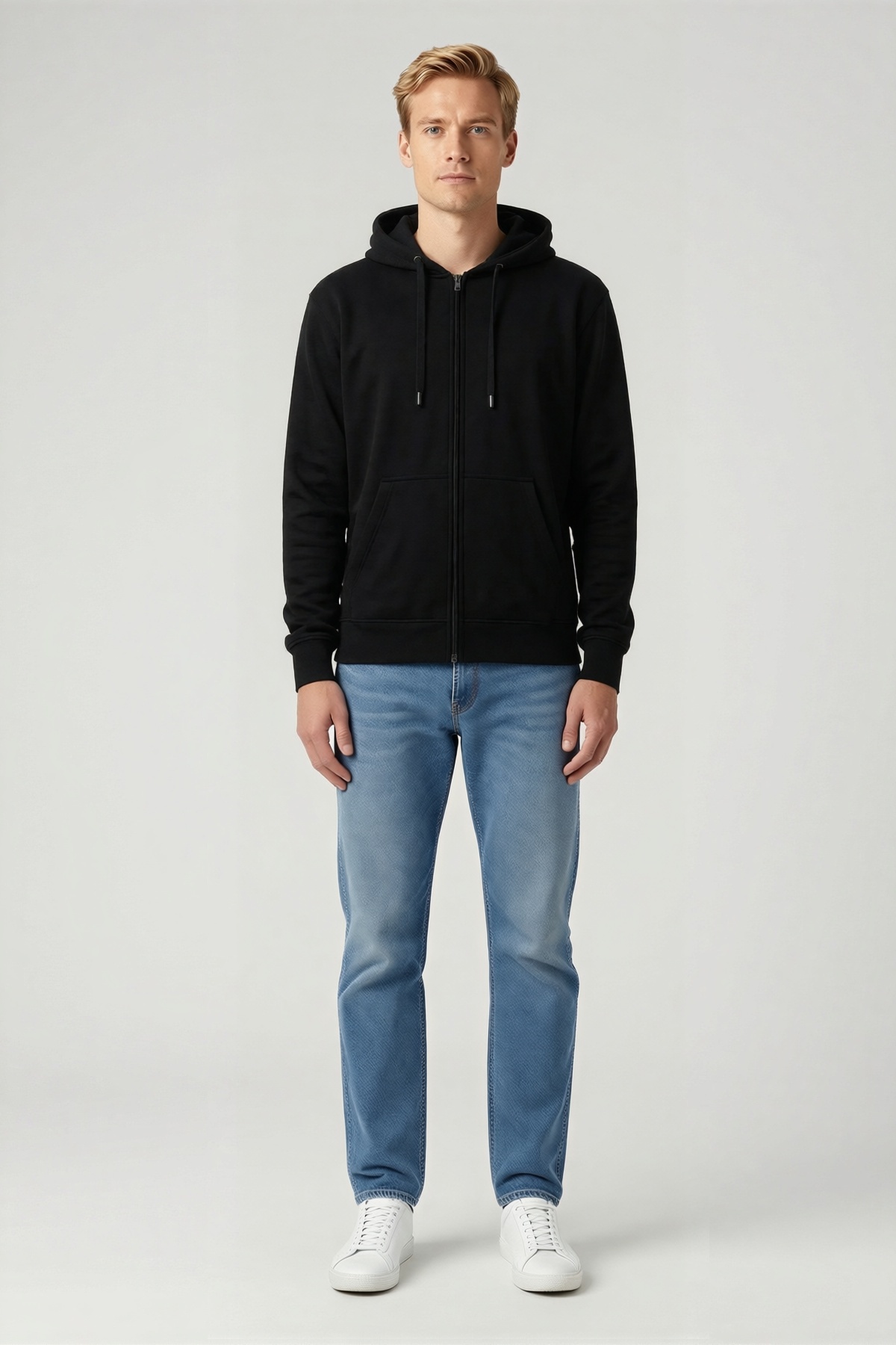 Erkek Çift Kapüşonlu Tam Fermuarlı Kanguru Cepli Hoodie Sweatshirt Yüksek Yaka Rahat Kalıp Günlük