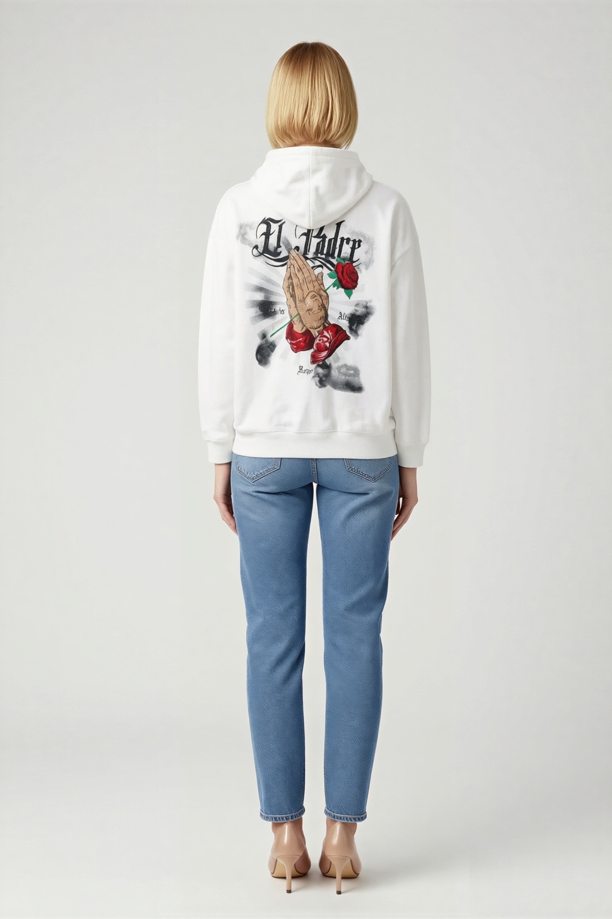 Kadın Üç İplik Penye Kapşonlu Sweatshirt Arkası Elleri Birleşik Gül Çizimli Gotik Başlık Uzun Kol