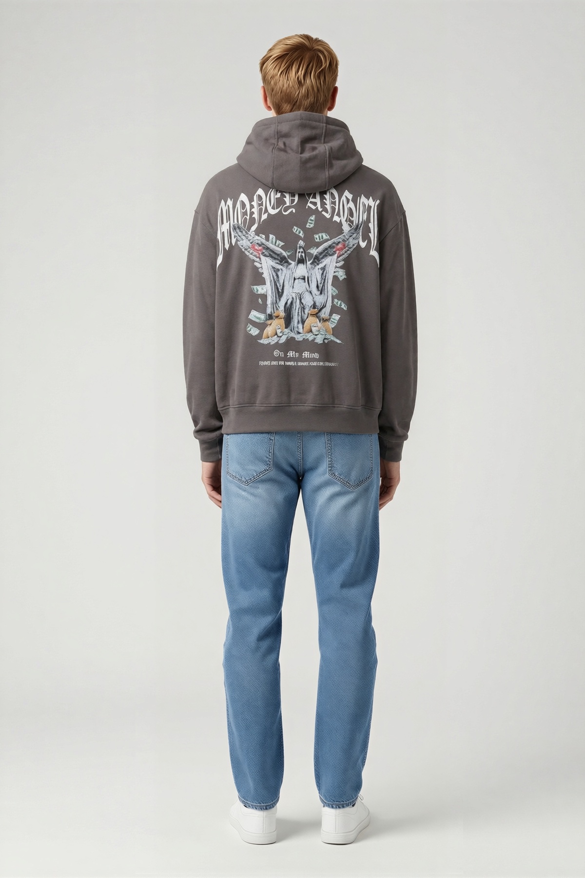 Erkek Gotik Yazı Baskılı Kordonlu Kapüşonlu Oversize Sweatshirt Kanguru Cepli Uzun Kollu Rahat Kesim