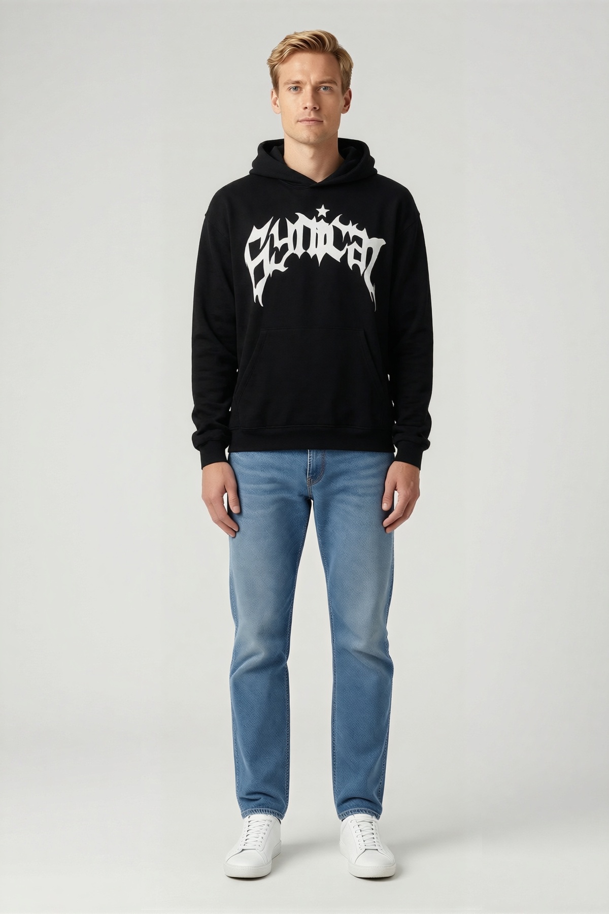 Erkek Üç İplik Kapşonlu Sweatshirt Önü Geniş Yazı Baskılı Kanguru Cepli Rahat Salaş Kesim Uzun Kollu