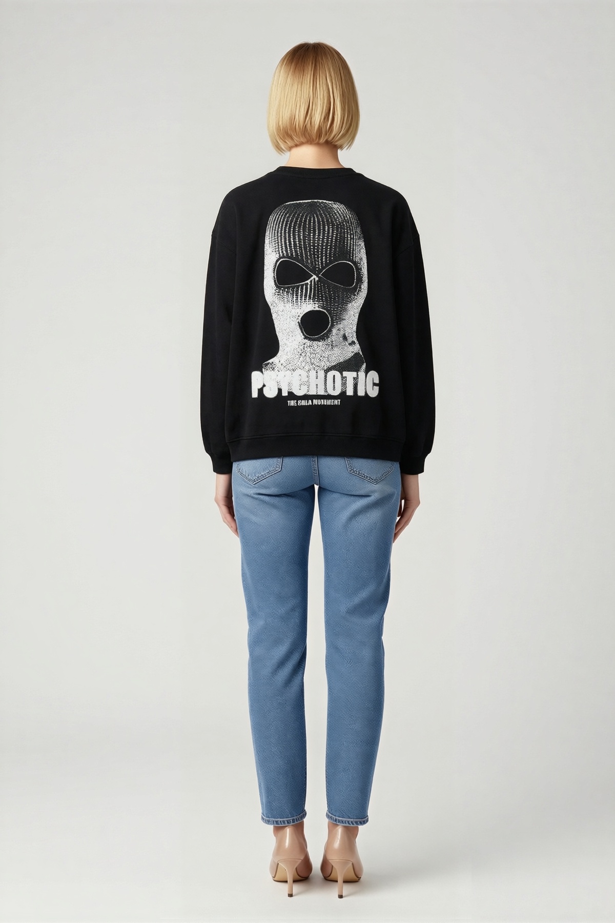 Kadın Kışlık Bisiklet Yaka Baskılı Oversize Sweatshirt Geniş Sırt Grafiği Ribanalı Düşük Omuz Rahat