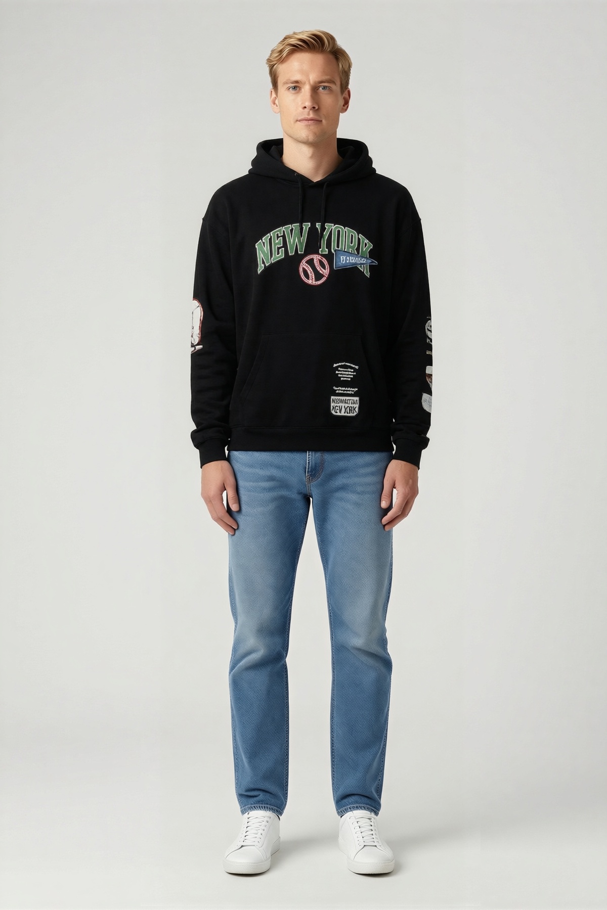 Erkek Kapüşonlu Sweatshirt Beyzbol Topu Desenli Yazı Baskılı Kol Yamalı Kanguru Cepli Bol Kalıp