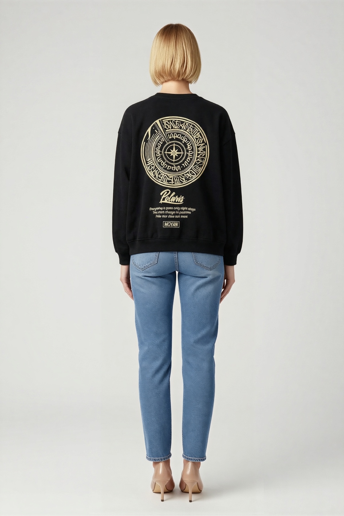 Kadın Kışlık Bisiklet Yaka Ön Arka Baskılı Sweatshirt El Yazısı Slogan Düşük Omuz Oversize Kalıp