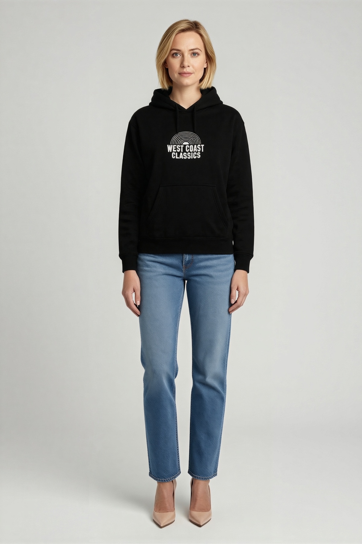 Kadın Üç İplik Kapüşonlu Sweatshirt Hoodie Önü Yarım Daire Yazı Baskılı Kanguru Cepli Bol Kesim