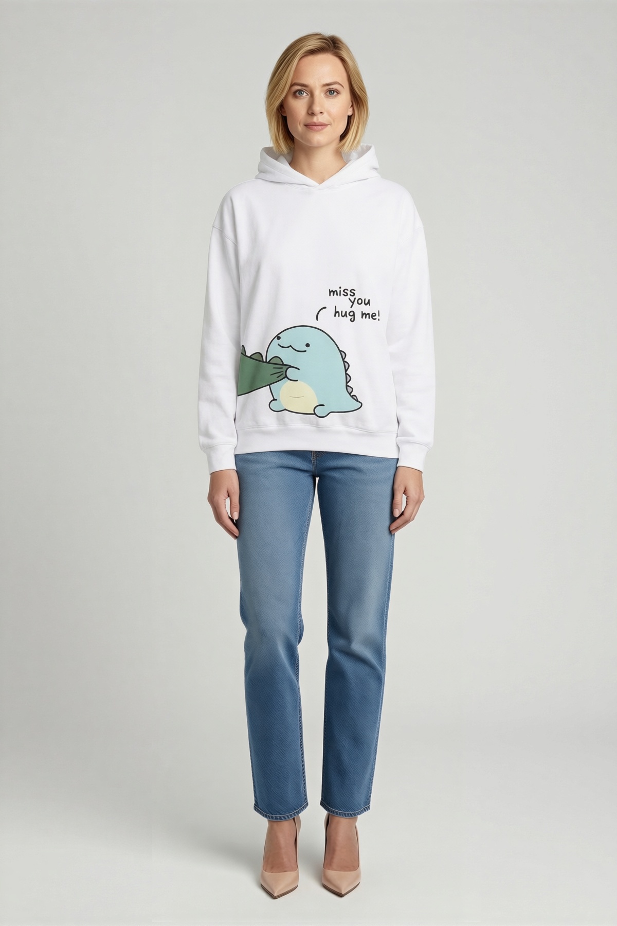Kadın Oversize Kapüşonlu Sweatshirt Sırt Baskılı Sevimli Dinozor Figürlü Sevgililer Günü Temalı