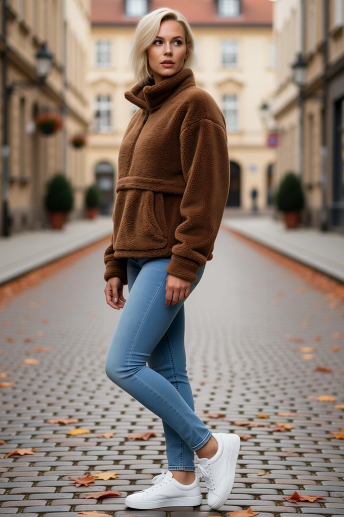 Kadın Yarım Fermuarlı Kanguru Cepli Pelüş Wellsoft Sweatshirt Oversize Sıcak Günlük Konforlu Kalın