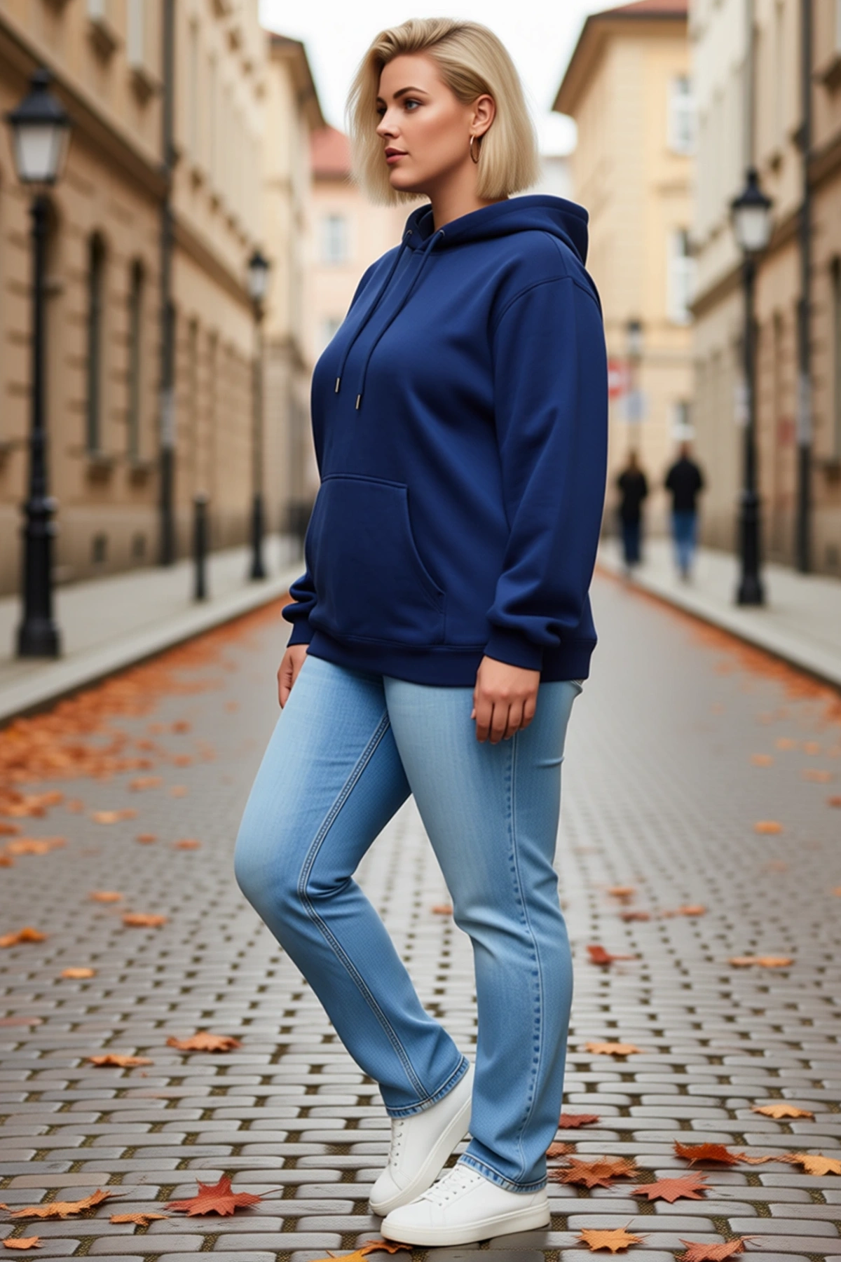Kadın Battal Büyük Beden Üç İplik İçi Şardonlu Kapüşonlu Kanguru Cepli Kışlık Sweatshirt Modern