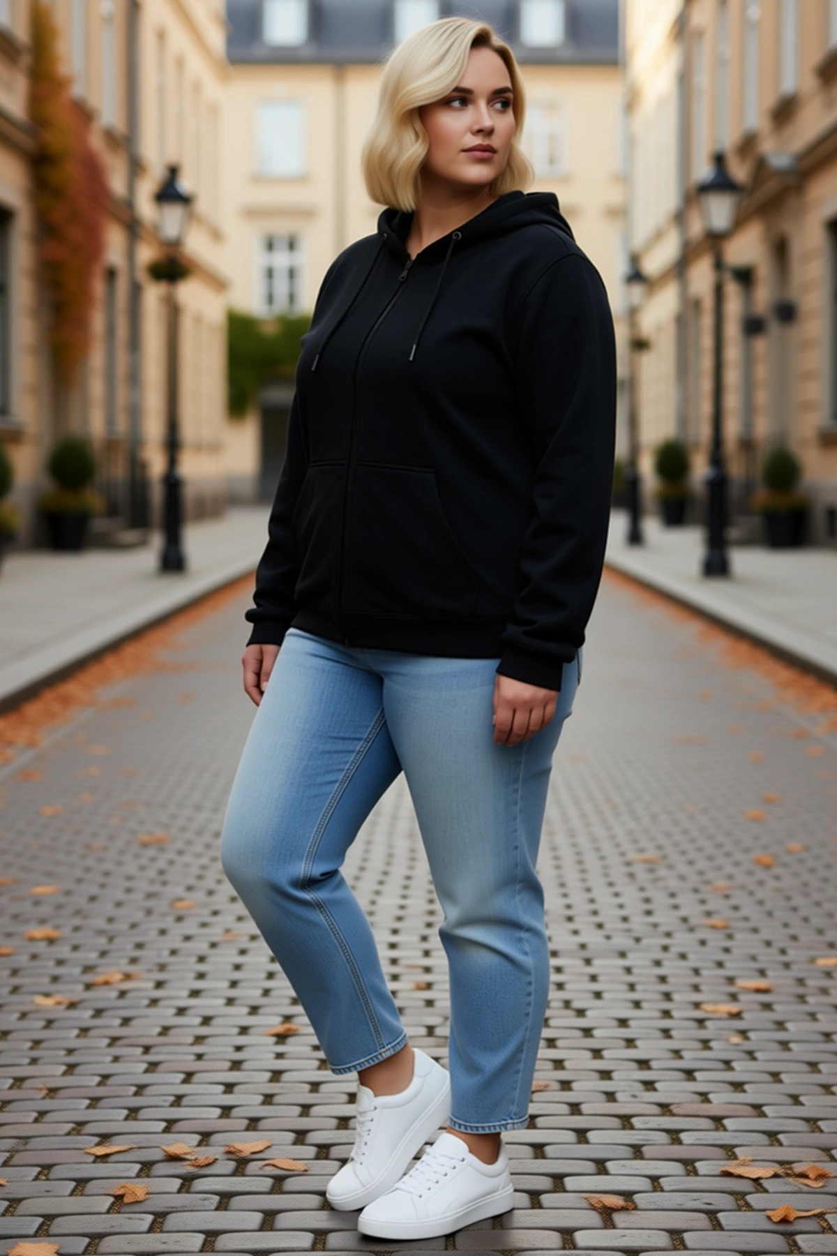 Kadın Büyük Beden Üç İplik İçi Şardonlu Kapüşonlu Tam Fermuarlı Kışlık Sweatshirt Günlük Sezonluk