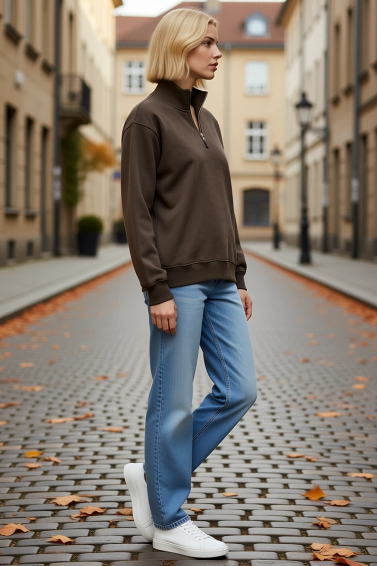 Kadın Üç İplik İçi Şardonlu Dik Yaka Yarım Fermuarlı Kışlık Sweatshirt Oversize Sezonluk Konforlu