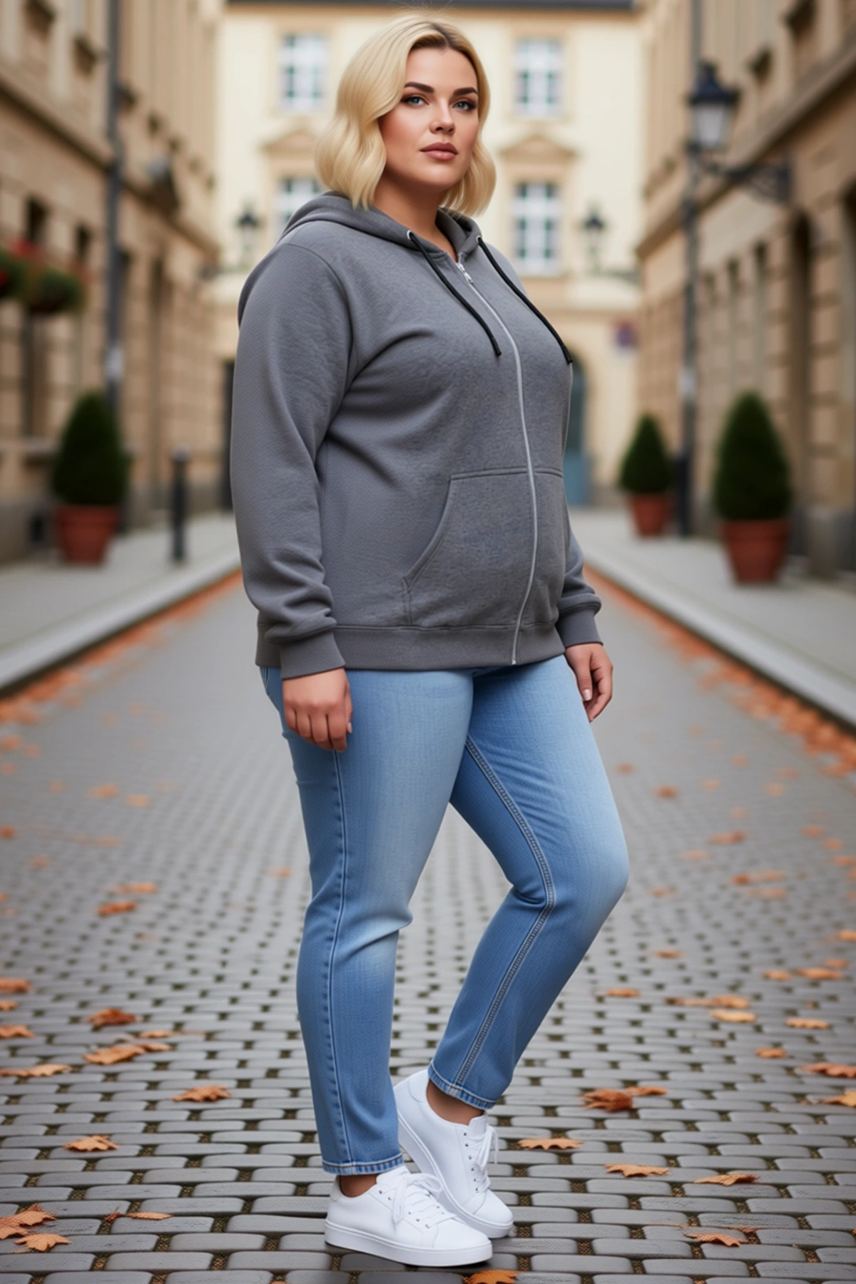 Kadın Büyük Beden Sweatshirt Üç İplik İçi Şardonlu Kapüşonlu Tam Fermuarlı Kışlık Günlük Modern