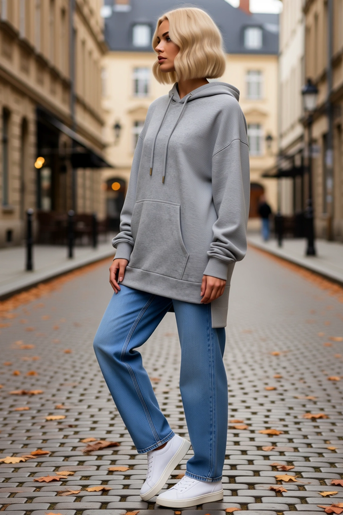 Kadın Uzun Kollu Kapşonlu Bağcıklı Yanlardan Fermuarlı Şardonlu İki İplik Sweatshirt Oversize Rahat