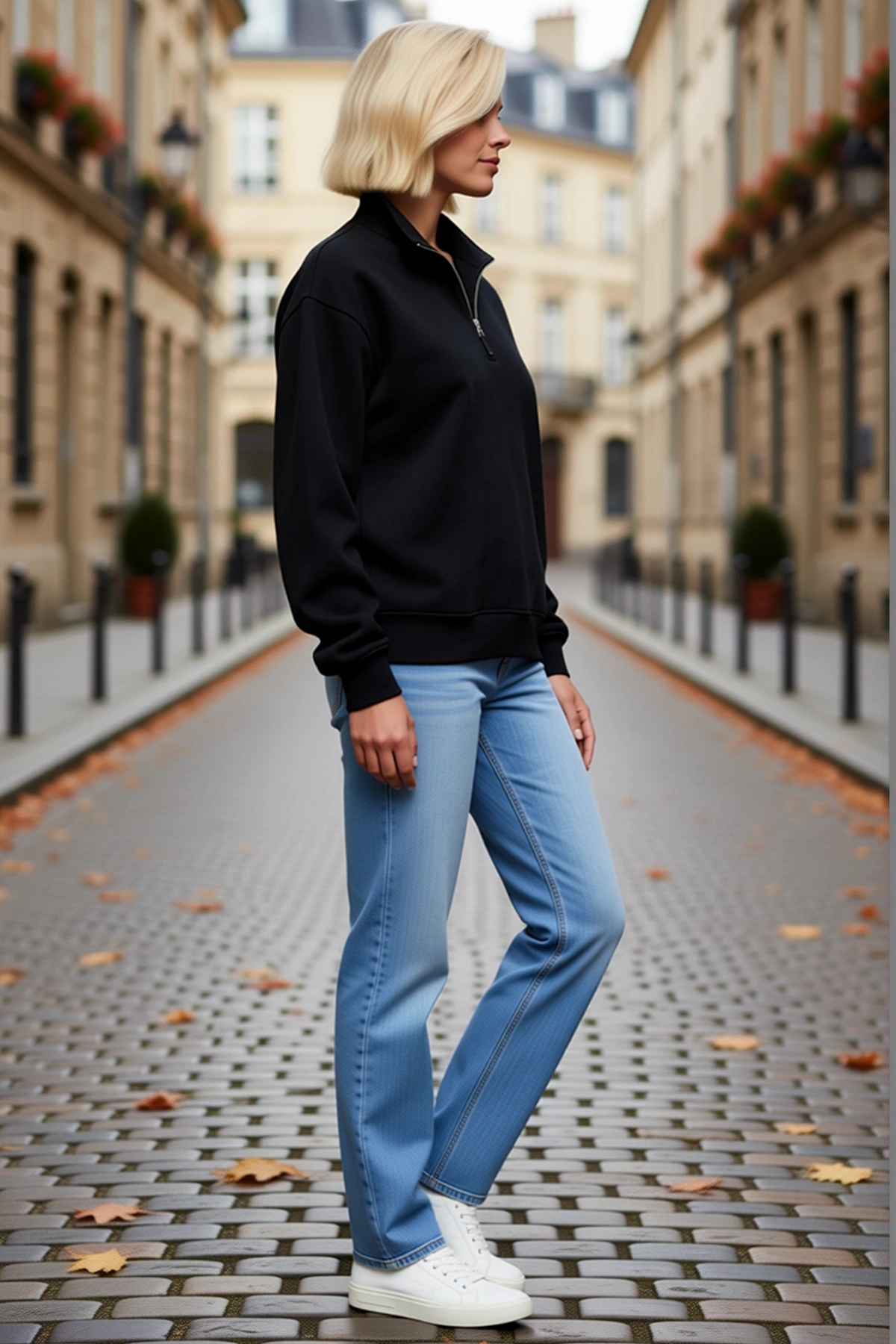 Kadın Üç İplik İçi Şardonlu Dik Yaka Yarım Fermuarlı Kışlık Sweatshirt Günlük Kesim Modern Sezonluk