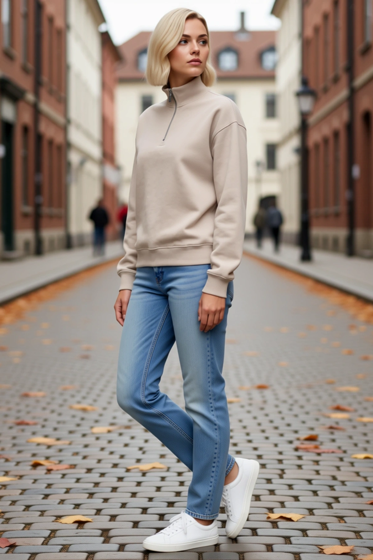 Kadın Üç İplik İçi Şardonlu Dik Yaka Yarım Fermuarlı Kışlık Sweatshirt Rahat Kesim Modern Sezonluk