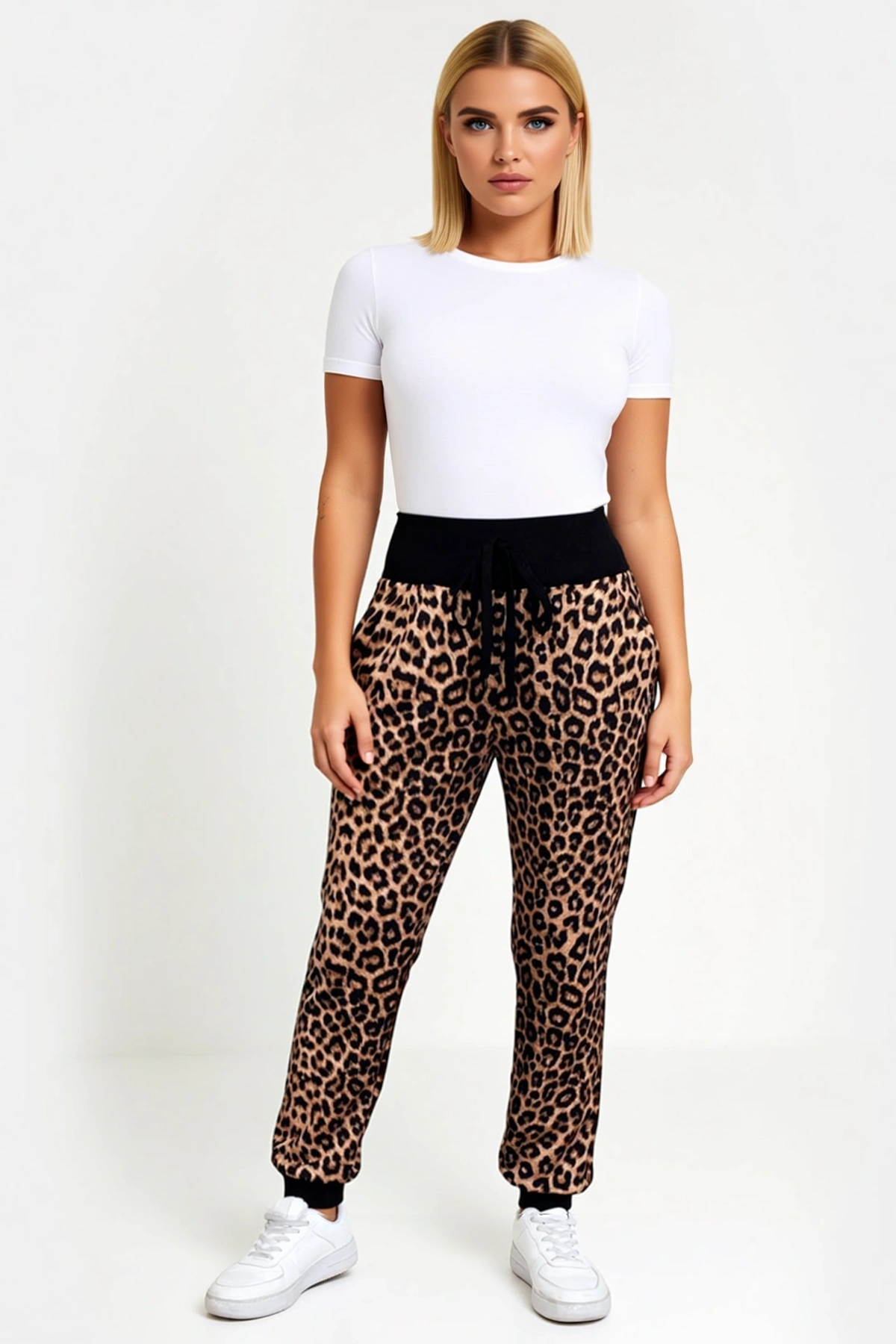 Kadın Yüksek Bel Bağcıklı Leopar Desenli Jogger Pantolon Paça Lastikli Günlük Rahat Kesim Sezonluk